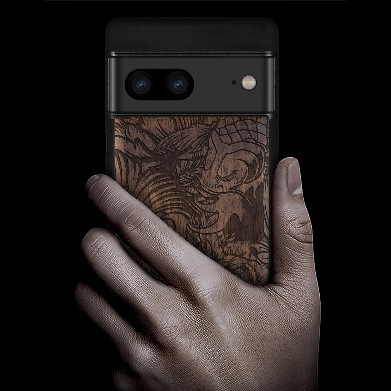 Carveit Wood Case for Pixel 7 Case [Natural Wood & Black Soft TPU] Shockproof Protective Cover Unique Wooden Design Compatible with Google Pixel 7 (Flowing Harmony-Walnut)