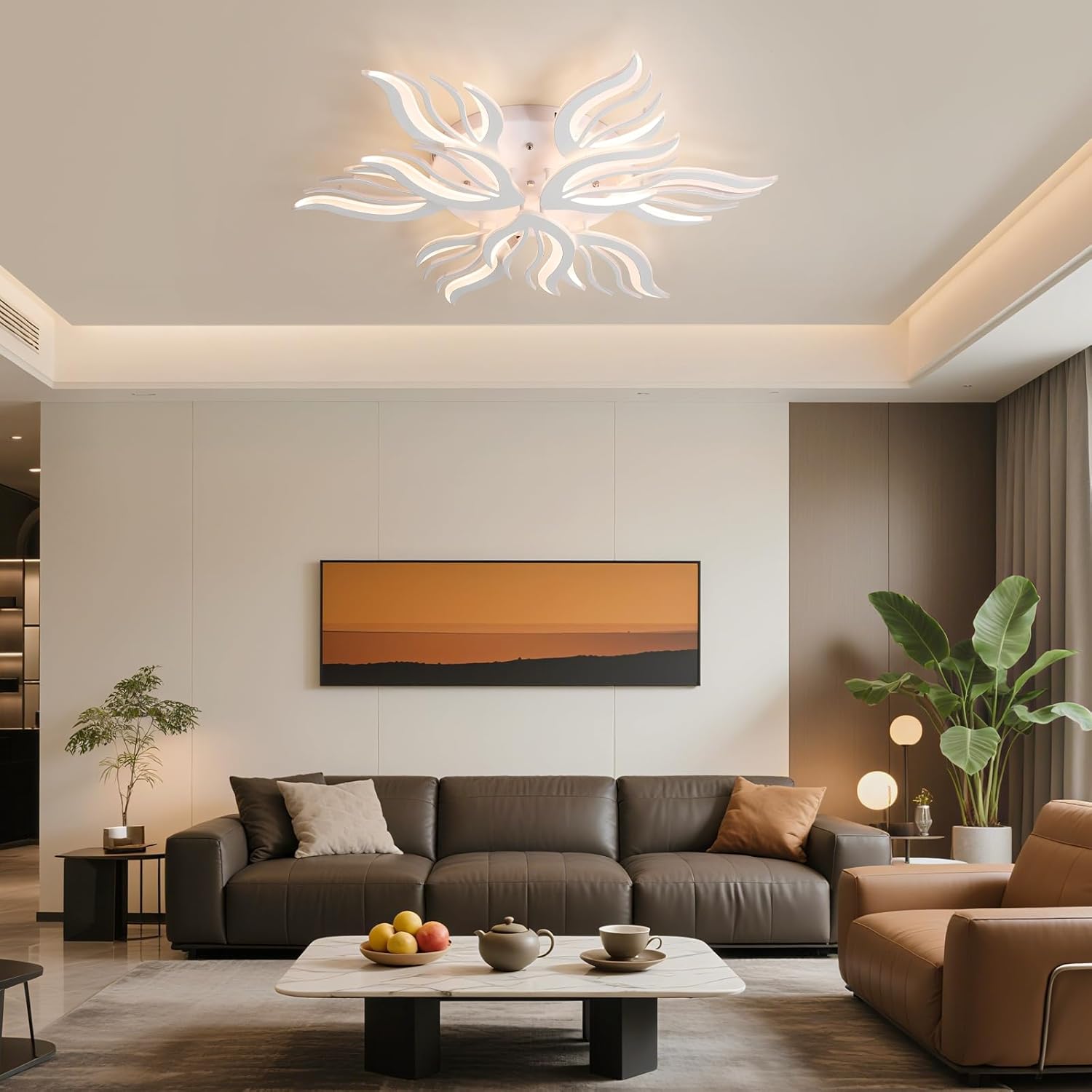 Becailyer Modren LED Ceiling Light, 75W Flower Shape Ceiling Lamp, 33.4" Dimmable Flush Mount Ceiling Lighting Fixtures, 9-Petals Close to Ceiling Light for Living Room Dining Room Bedroom, White