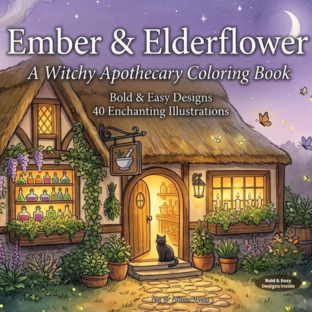 Ember & Elderflower: A Witchy Apothecary Coloring Book — Bold and Easy Designs | 40 Enchanting Illustrations of Potions, Crystals, Herbs, and Moon Magic | Thick Lines for Relaxation and Stress Relief