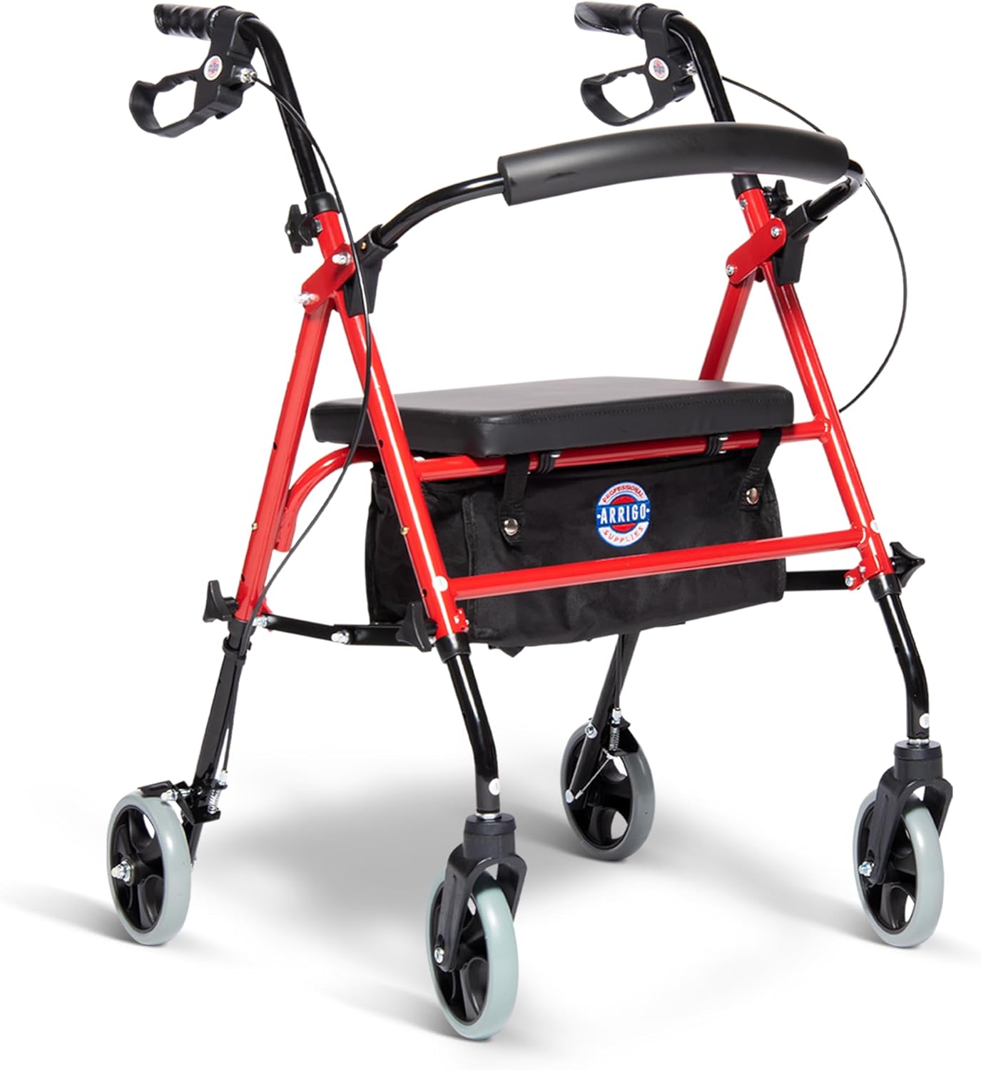 Arrigo Rollator Walker with Large Cushioned Seat – Folding 4-Wheel Steel Rolling Walker with Brakes, Soft Backrest & Zippered Storage – Smooth Ride, Adjustable Height, Supports up to 350 lbs