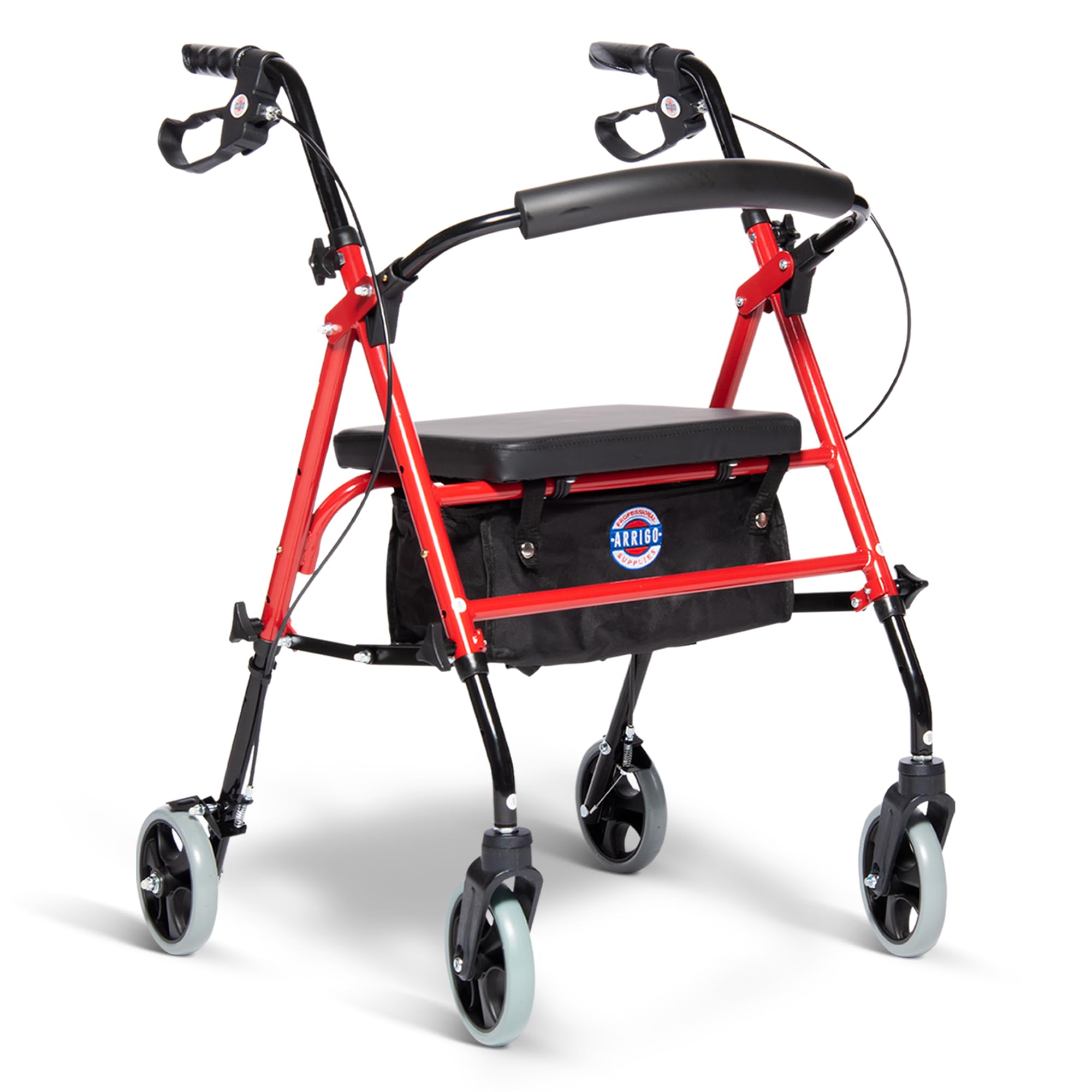 Arrigo Rollator Walker with Large Cushioned Seat – Folding 4-Wheel Steel Rolling Walker with Brakes, Soft Backrest & Zippered Storage – Smooth Ride,