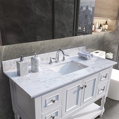 Miniatura 6 de Top de tocador de mármol de 43 pulgadas con fregadero parte superior de fregadero de piedra diseñada con fregadero de cerámica empotrado y