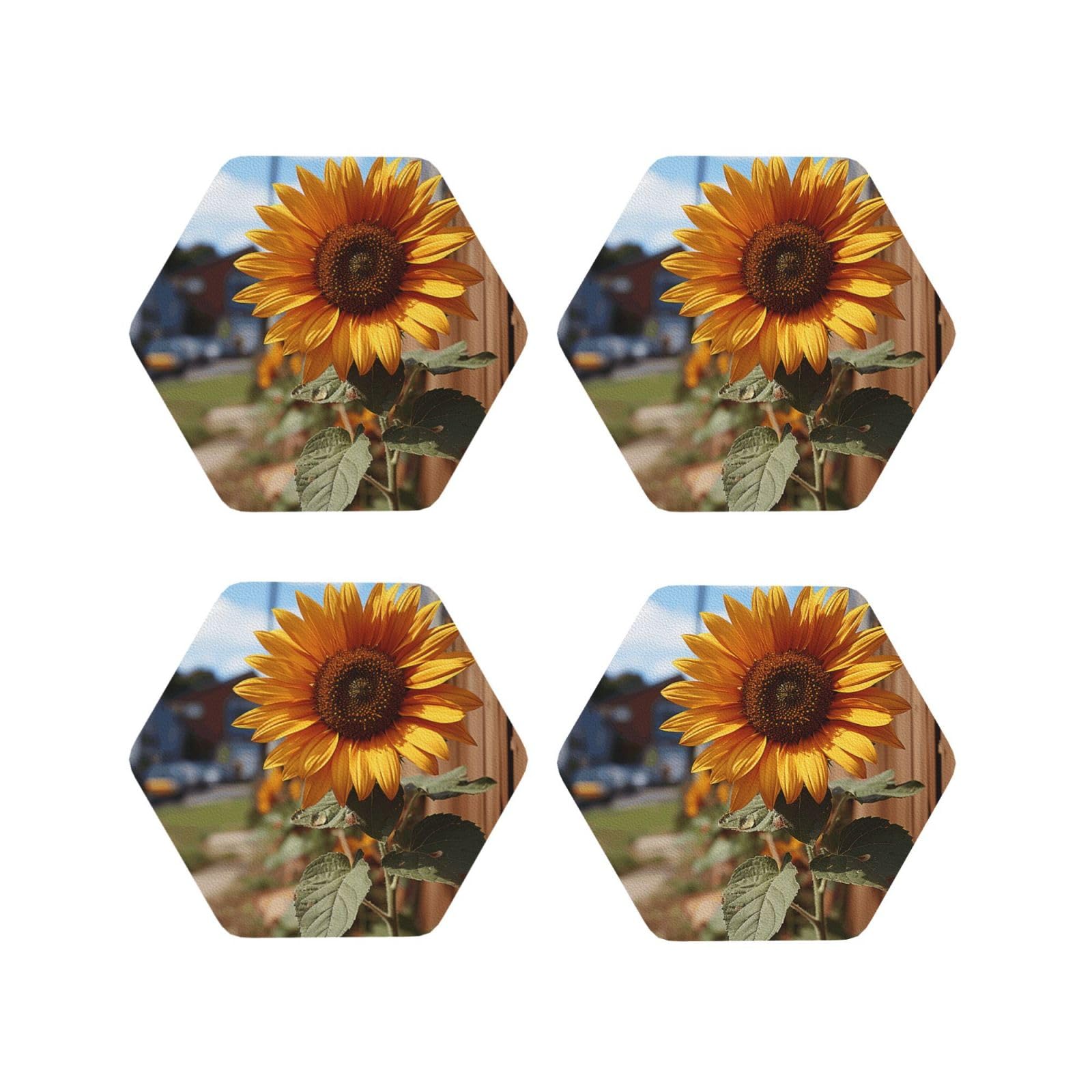 4pcs Drink Coasters for Tabletop Protection, 4" Leather Coasters for Drinks, Farm Sunflower Cup Coasters for Coffee Table Decor, Non-Slip Drinking Cup Mat for Hot Or Cold Drink