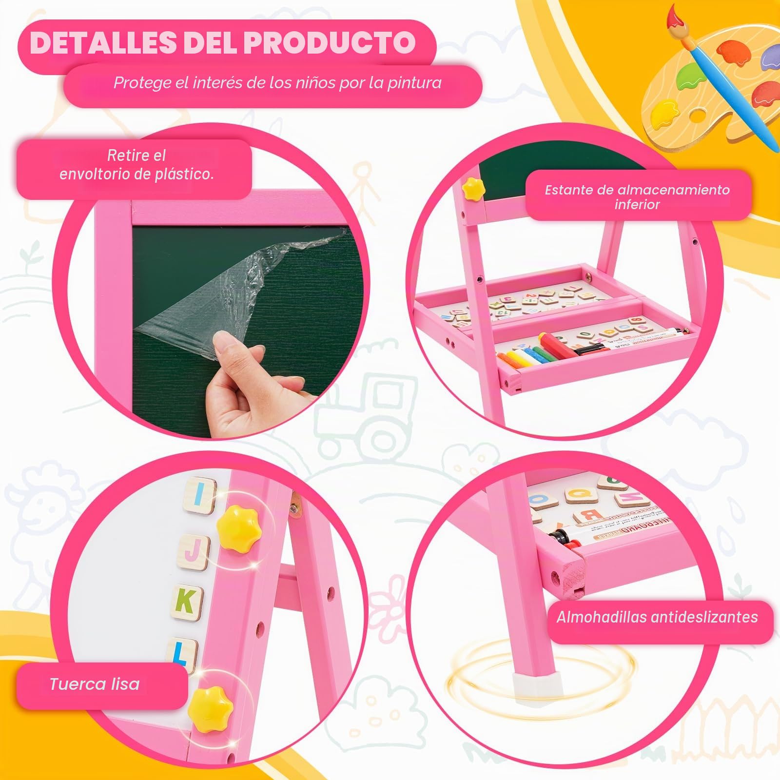Caballete de Madera para Niños, Art Easel Pizarra Blanca de Doble Cara y Pizarra de Tiza Mini Rosa Caballete Infantil con Números y Otros Accesorios para Niños y Pequeños