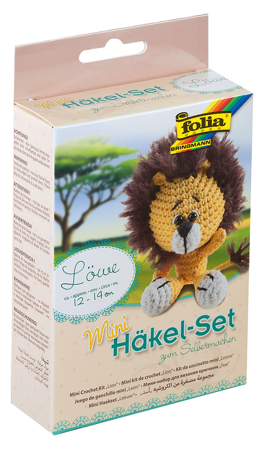 folia 23901 - Mini haakset leeuw, complete set voor het maken van een zelfgehaakte schattige leeuw, ca. 14 cm groot, voor kinderen vanaf 8 jaar en volwassenen, als cadeau