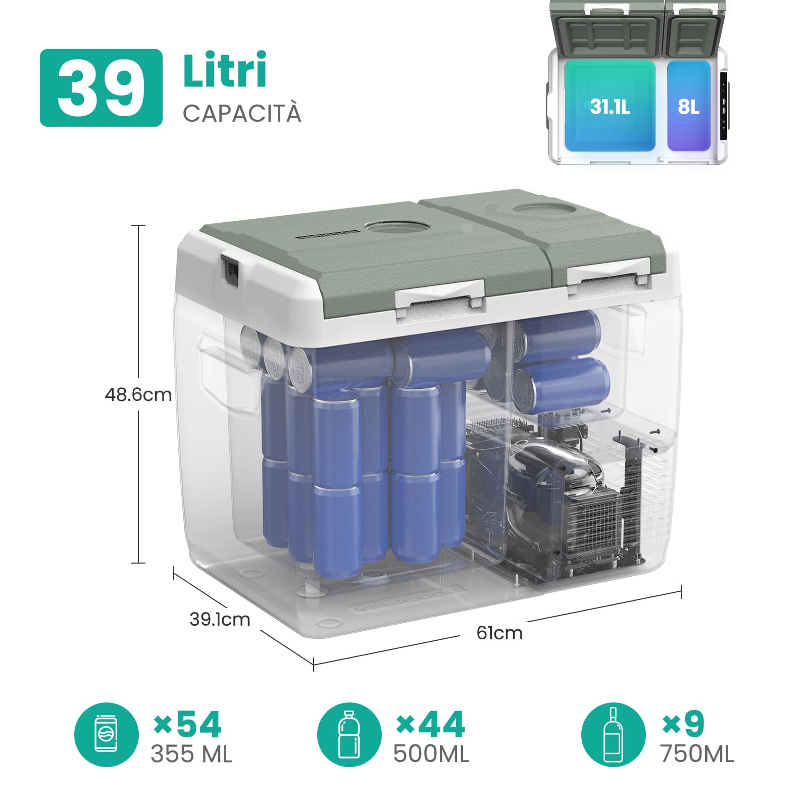 Alpicool KLS48 Frigoriferi per Auto 39L con APP, 2026 Doppia Zona Frigorifero Portatile Elettrico 12/24V DC 100~240V AC,-20℃-20 ℃,Frigo Portatile per Camion Barca Picnic,con Scomparto Ghiaccio,Verde