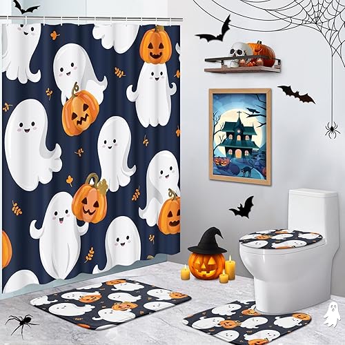 Miniatura 10 de Juego de cortinas de ducha de otoño con tapa de inodoro y alfombras antideslizantes, 4 cortinas de ducha para baño, calabaza naranja, hojas de arce,