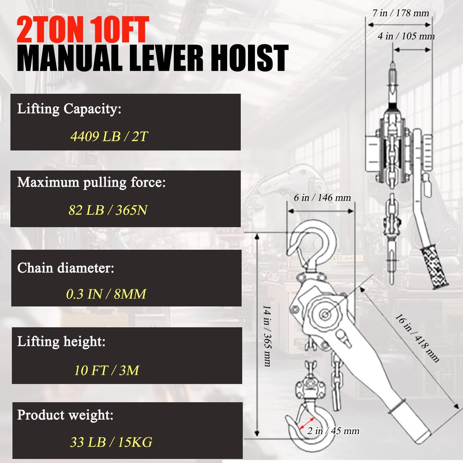 Kettenzug mit 360° drehbarem Haken, leichtes Gehäuse aus Aluminiumlegierung, manueller Hebel aus Manganstahl für Industrie und Zuhause