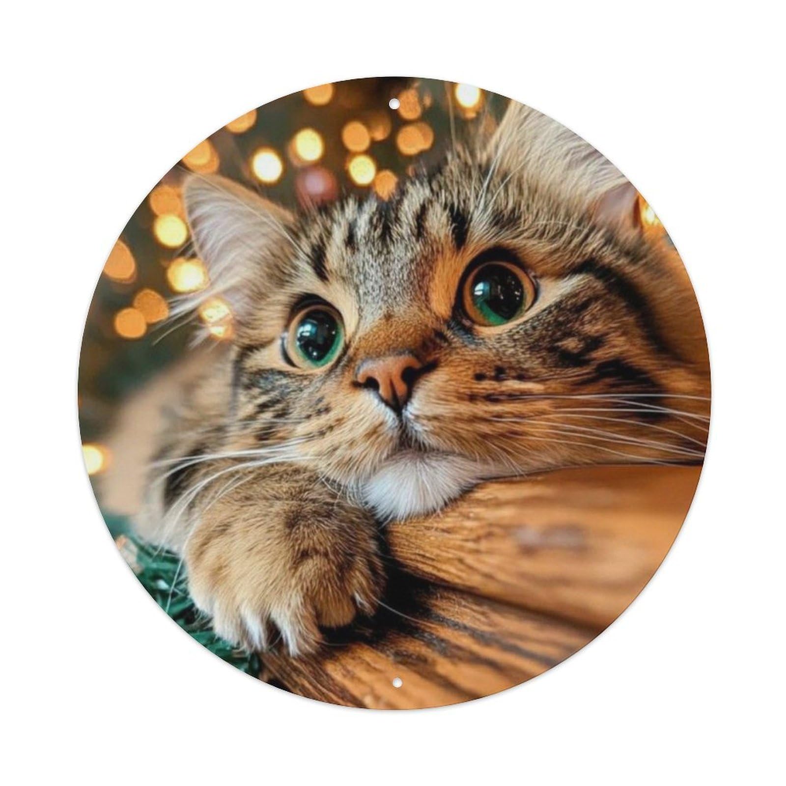 Animal Tabby Cat Christmas Cozy Holiday Vintage Metal Tin Sign Plaque Wall Decor for Cafe, Club Bar, Office, Garden Metal Poster 8x8Inch