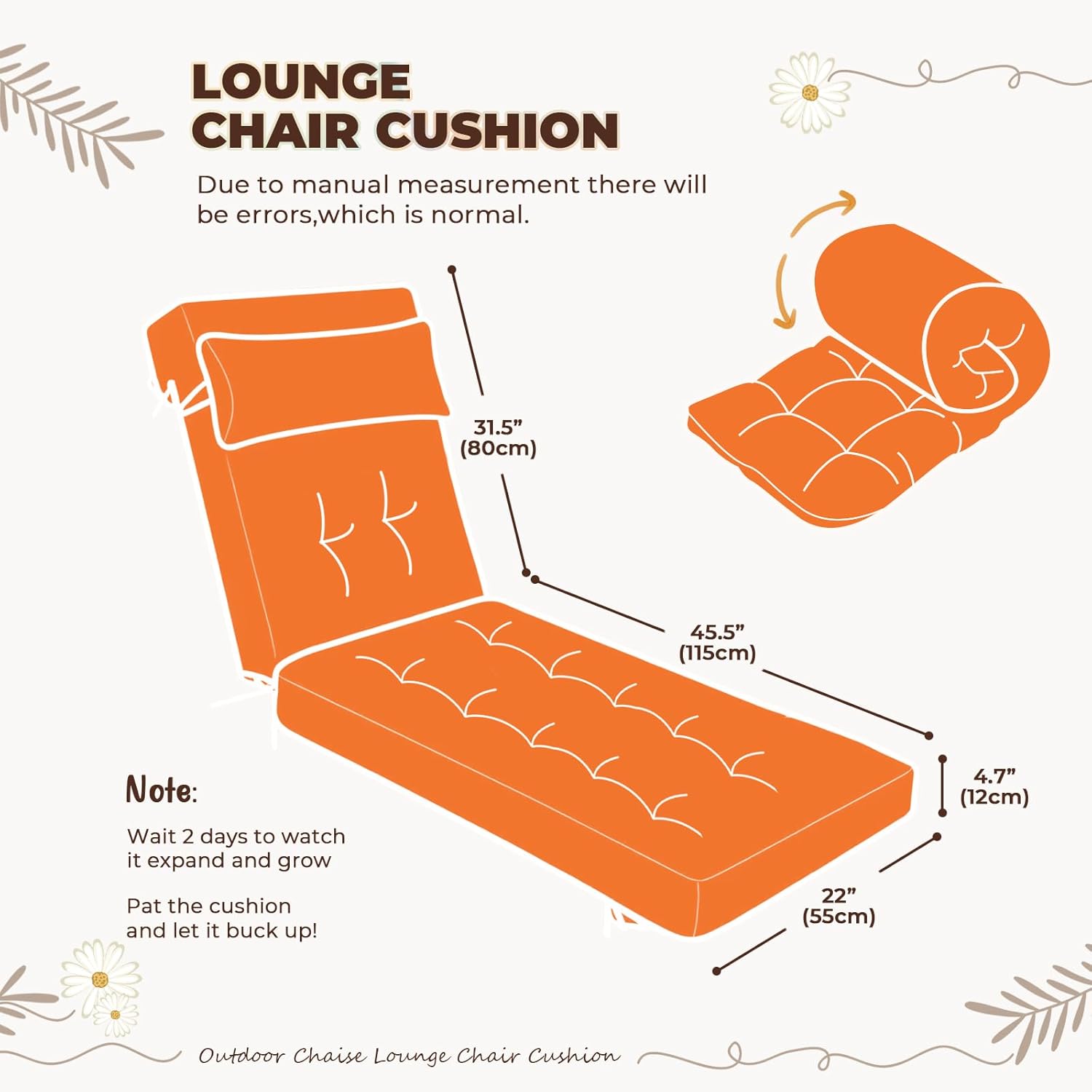 Waterproof Lounge Chair Cushion Outdoor for Chairs, Fade Resistant Chaise Lounger Replacement Cushions with 6 Ties, Thickened Memory Foam Pool Lounge Chair Cushions, 76 x 22 x 4.7 Inches, Orange 2#