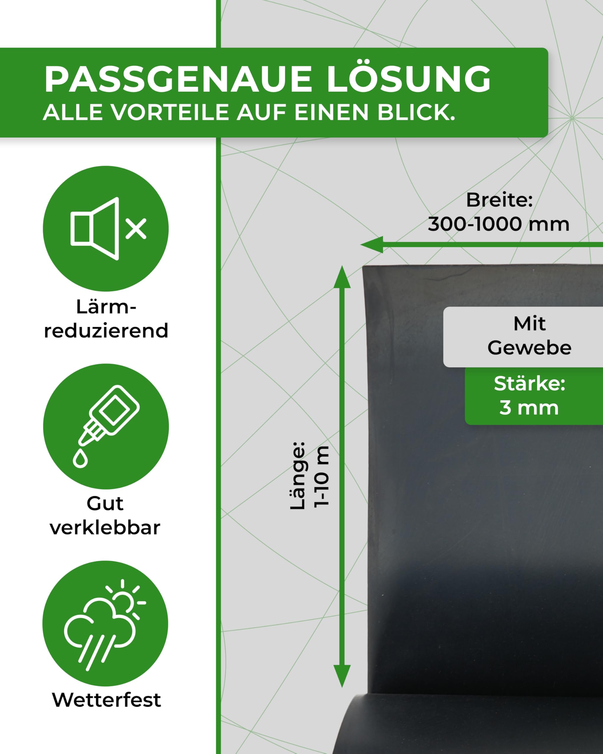 Gummimatte mit Gewebe in der Größe 6000x300x3mm Hartgummi Vollgummi Gummiauflage Gummiunterlage