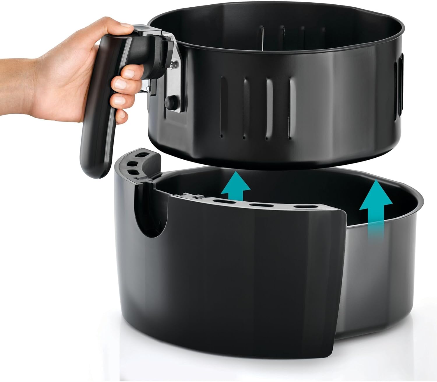 User interacting with the digital touch screen of the air fryer