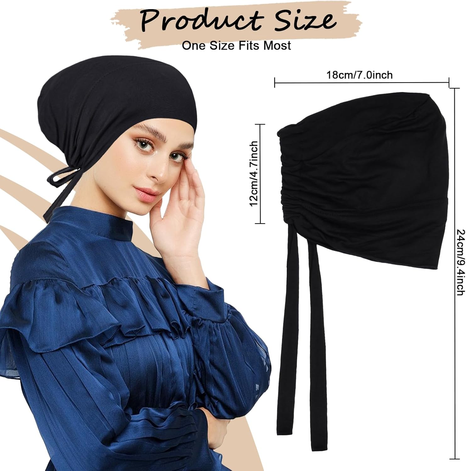 XEPST 2 PCS Hijab Undercap for Women, Satin Undercap for Hijab Islamic Muslim Under Hijabcap Modal Head Wraps Tie Back Bonnet Inner Head Scarf Turbans for Women Chemo Hat Sleep Cap, Black+Khaki - Image 2