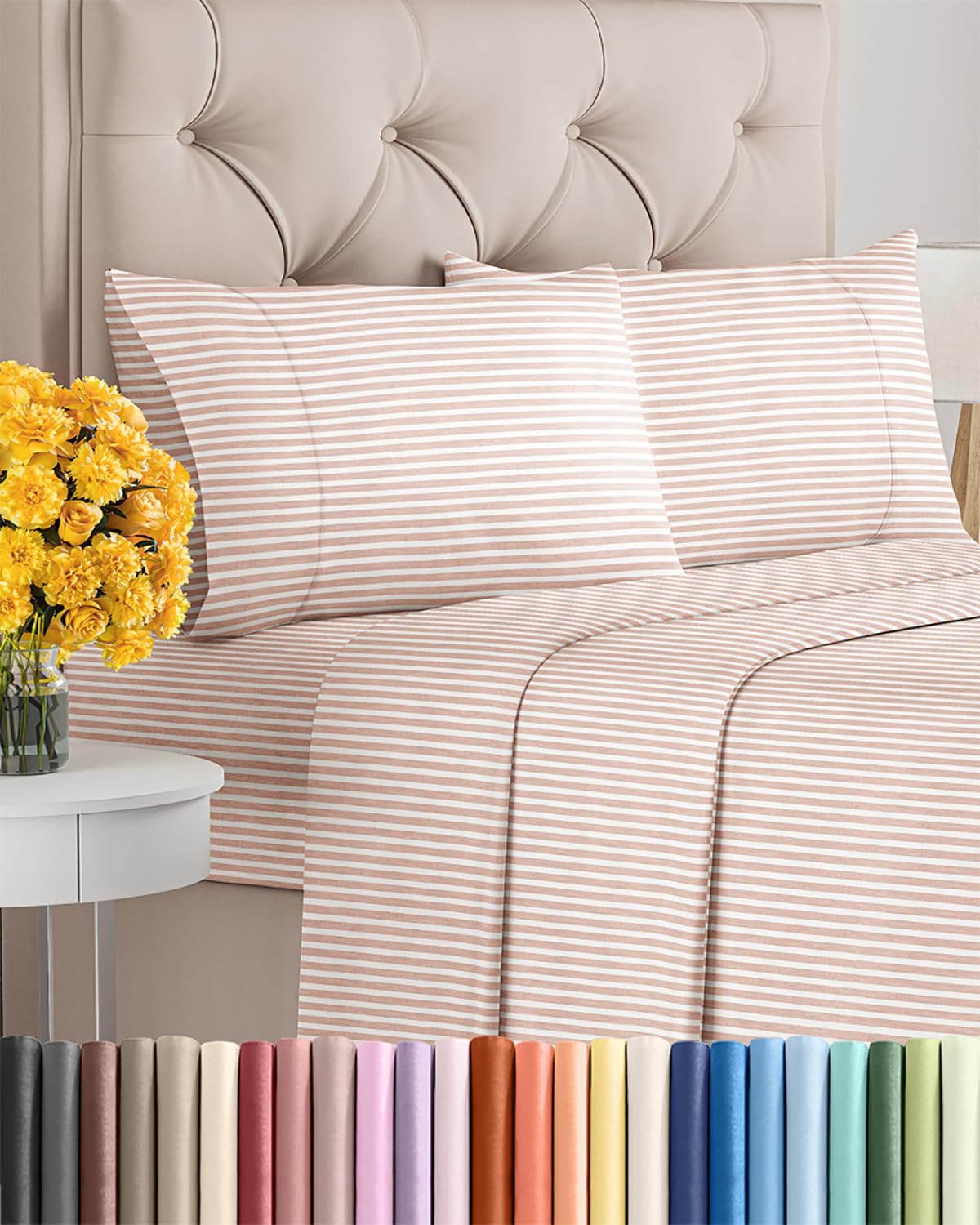 King Size 4 Piece Sheet Set - Comfy Breathable & Cooling Sheets - Hotel Luxury Bed Sheets for Women & Men - Deep Pockets, Easy-Fit, Soft & Wrinkle Free Sheets - Blush Stripes Oeko-Tex Bed Sheet Set