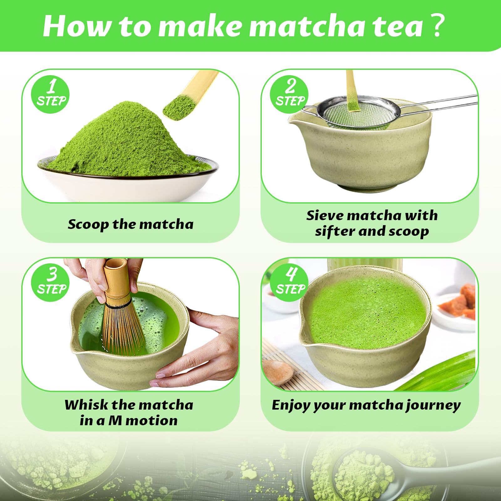 Matcha kit 6 Pezzi - Set di Matcha per Cerimonia Giapponese - Set Accessori Cerimonia Tè Matcha,Portafrusta, ideale per la cerimonia del tè o come regalo （Matcha verde）