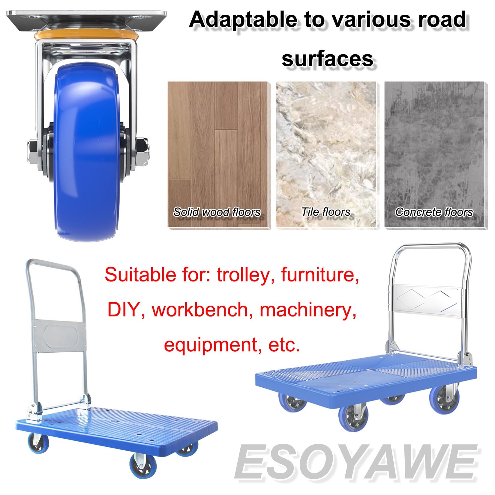Lenkrollen Möbelrollen 4-Zoll-5-Zoll-Set mit 4 Ersatzrollen for Trolley-Möbel, Heimwerker-Werkbank, bewegliches, geräuscharmes, stoßdämpfendes Gummifußrad(Fixed+Swivel,125mm/5in)
