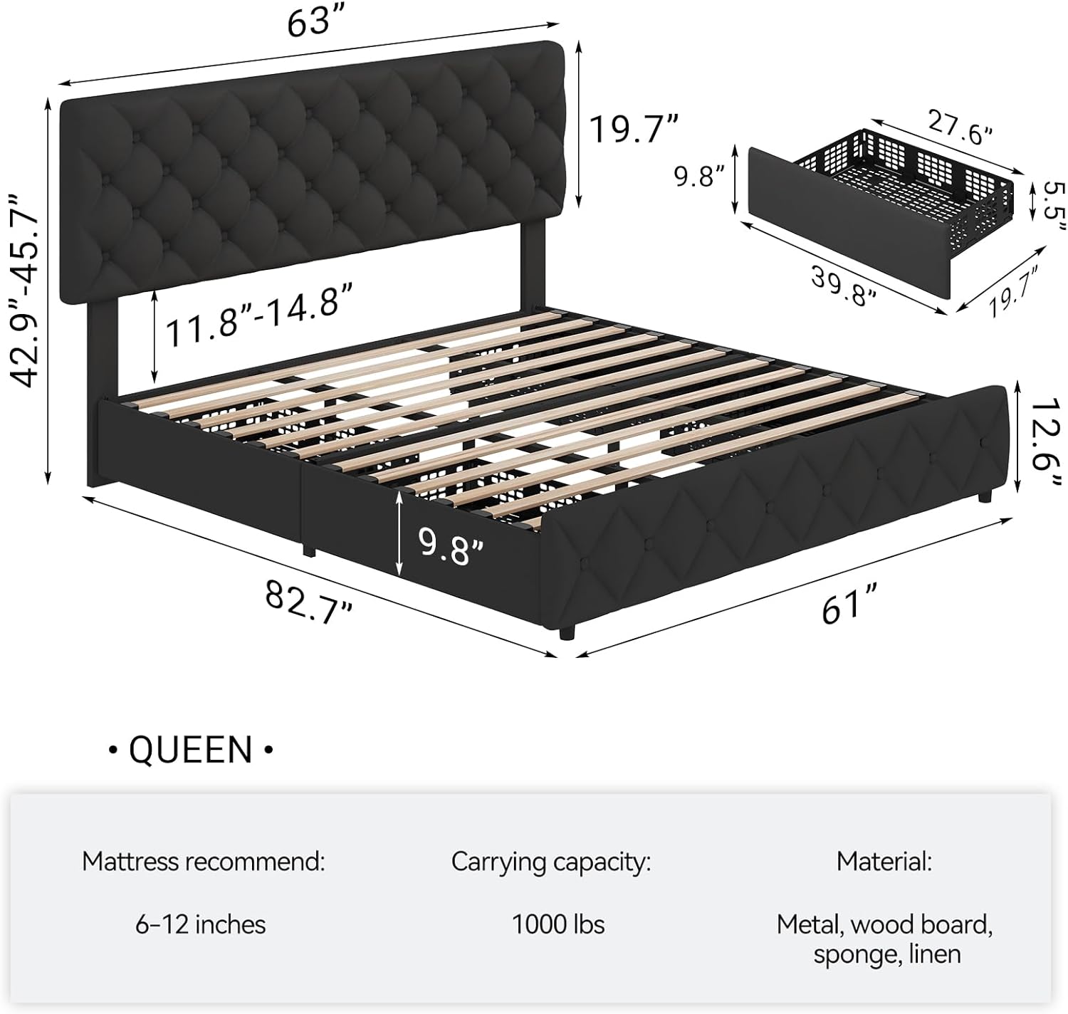 Queen Size Bed Frame with 4 Storage Drawers & Headboard, Linen Upholstered Platform Bed Frame, Stylish Diamond Tufted Design, No Box Spring Needed | Black