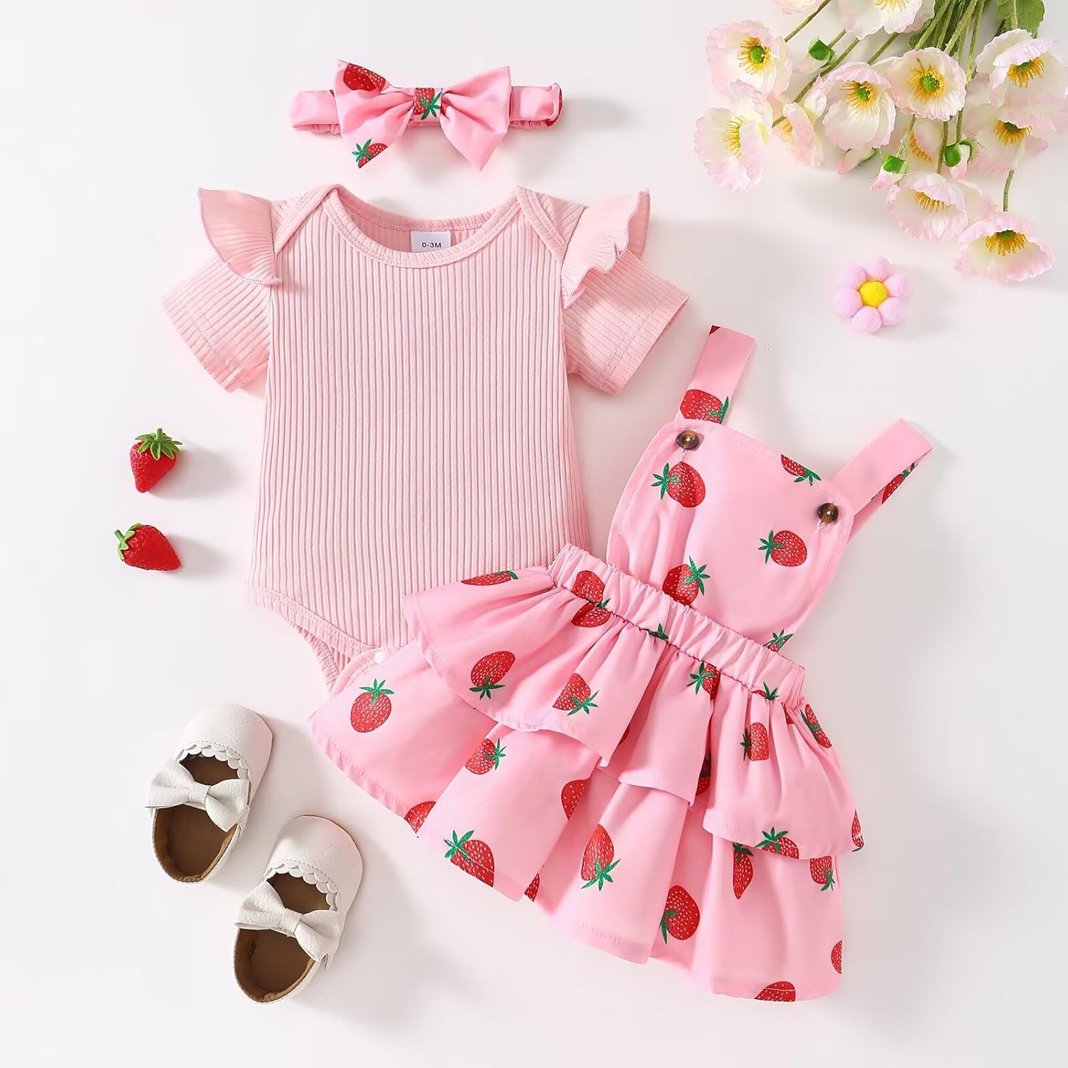 Baby Girl Summer Clothes Newborn Outfit Ruffle Romper Adjustable Suspender Overall Dress Bow Headband 0-24 Months - Image 2