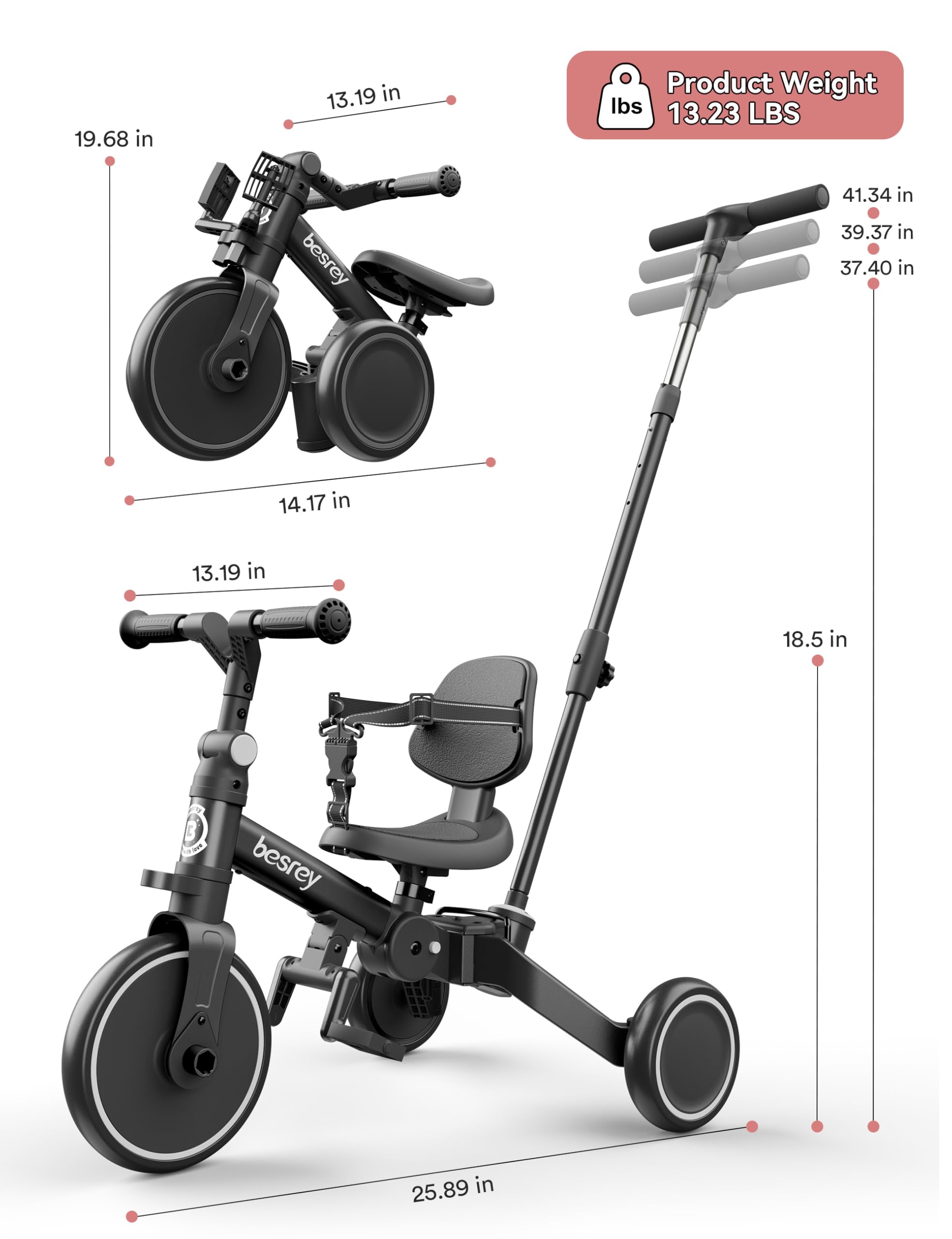 besrey Triciclo per Bambini 4 in 1, Bici Senza Pedali da 1 a 3 Anni, Nero