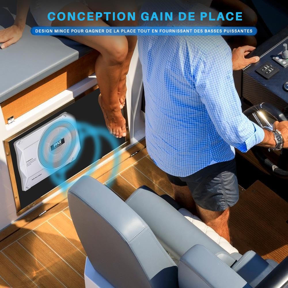 Pyle Caisson de Basse Voiture et Marine Amplifié à Profil Bas 25 cm - Enceinte Subwoofer Actif Compact 900W avec Amplificateur Intégré, Subwoofer Alimenté sous Siège, Entrées de Niveau Haut et Bas