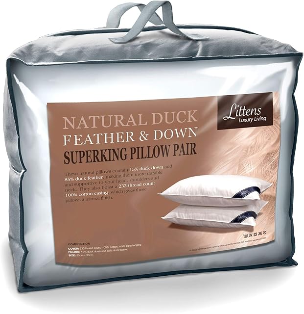 50cm x 90cm Super King Size White Duck Feather & Down Pair Pillows 230TC 100% Cotton Casing, Down Proof (20" x 36") By Littens