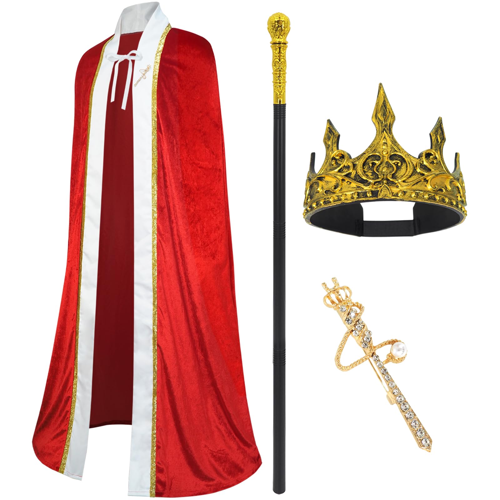 CosInStyle 3 Pieces Halloween King Prince or Queen Robe Red Cloak Cape Crown Wand Costume Set with King Crown Headband