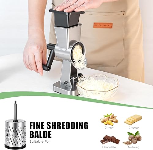 Miniatura 3 de LHS Rallador de queso giratorio de acero inoxidable, triturador manual de queso, rallador de nueces con 3 cuchillas de tambor intercambiables para