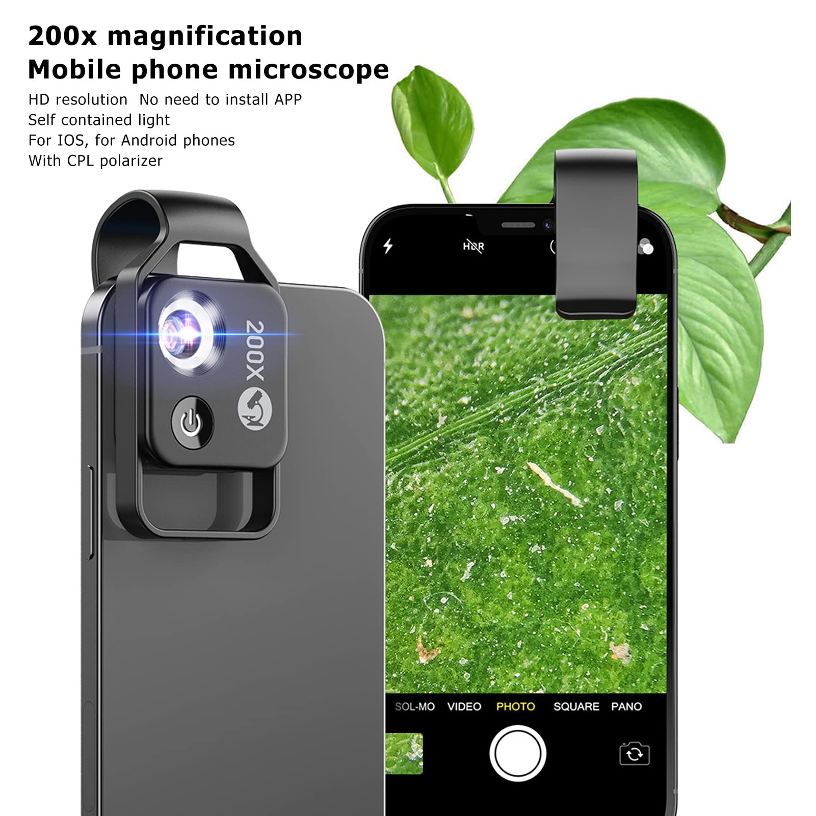 Mini Microscopio de Bolsillo para Teléfono 200X, Microscopio de Teléfono con Clip Universal con Luz LED y Polarizador CPL, Microscopio Digital Portátil para Teléfonos iOS y Android (Negro)