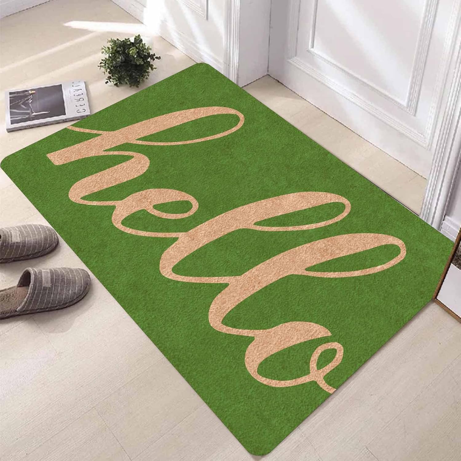 Green 'Hello' Welcome Doormat for Front Door,Summer Home Decor,Low-Profile Switch Rug Porch Door Mat Floor Mat for Indoor Outdoor RV 30"x18"