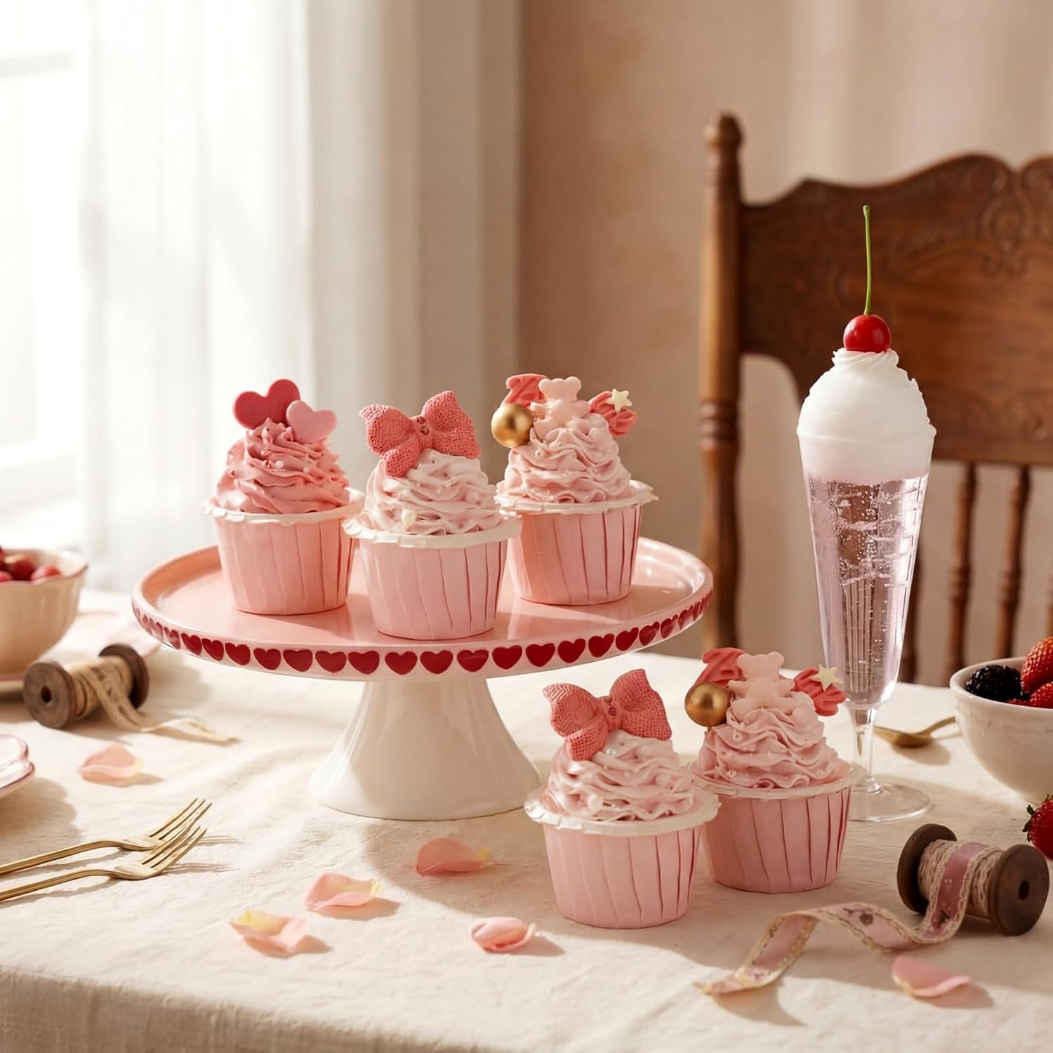 Lallisa 10" Ceramic Heart Cake Stand Pink Round Dessert Plate with Red Heart Edges Wedding Cake Pedestal Stand Display for Valentine's Day Birthday Wedding Party Decorating