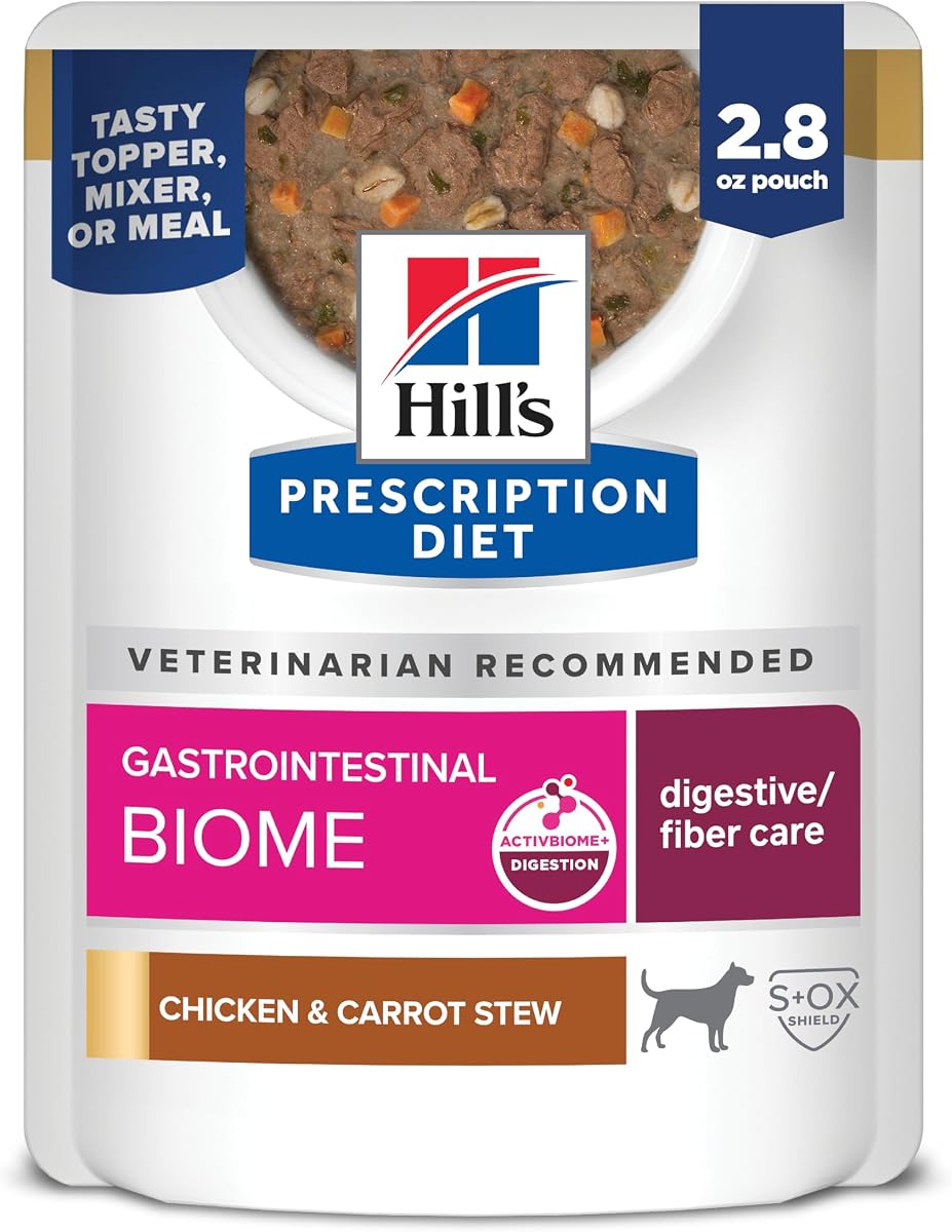 Alimento húmedo para perros Hill's Prescription Diet Gastrointestinal Biome | #1 recomendado por veterinarios, estofado de pollo y zanahoria, 2.8 oz. Bolsas, paquete de 24