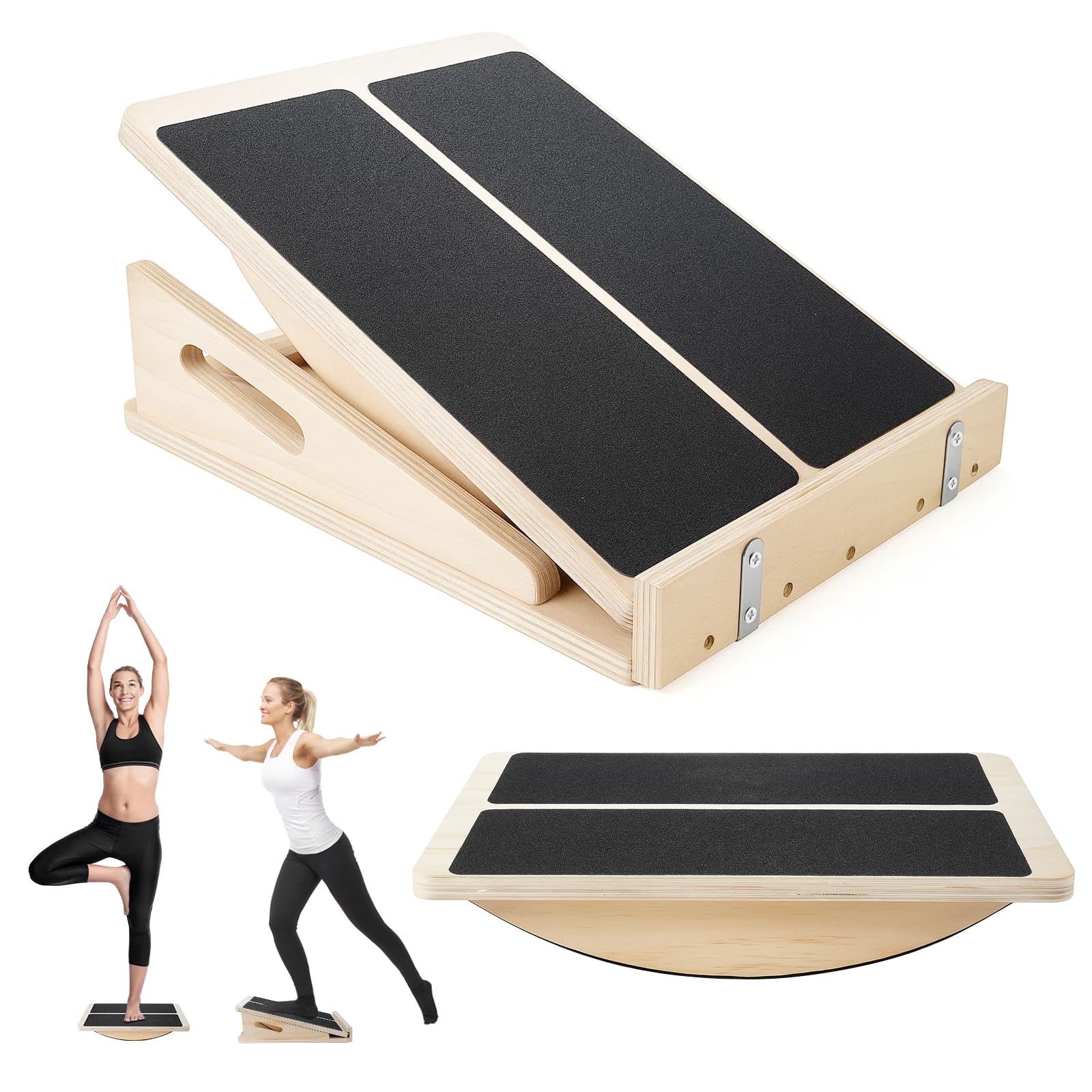Tavola Inclinata in Legno, 2-Ini-1 Slant Board & Tavola Equilibrio con tappetino antiscivolo, 4 angoli regolabili Balance Board per Tallone, Squat, Stacco da Terra