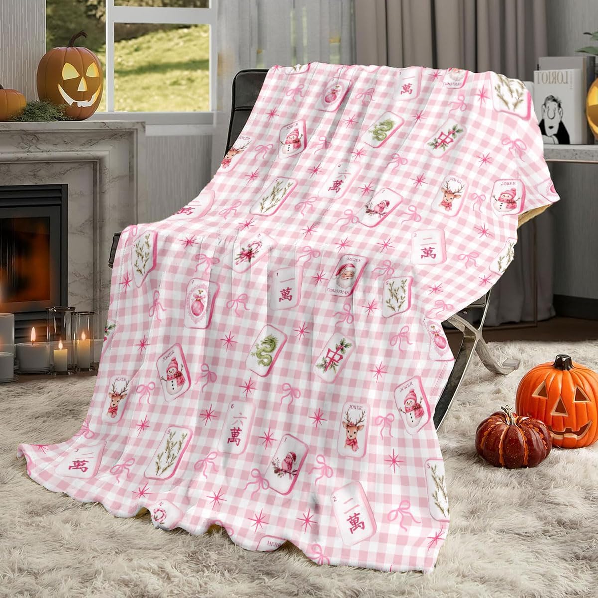 300GSM Pink Plaid Christmas Mahjong-Themed Blanket – Mahjong Accessories, Themed Gifts, Gift Ideas for Mahjong Lovers image 5