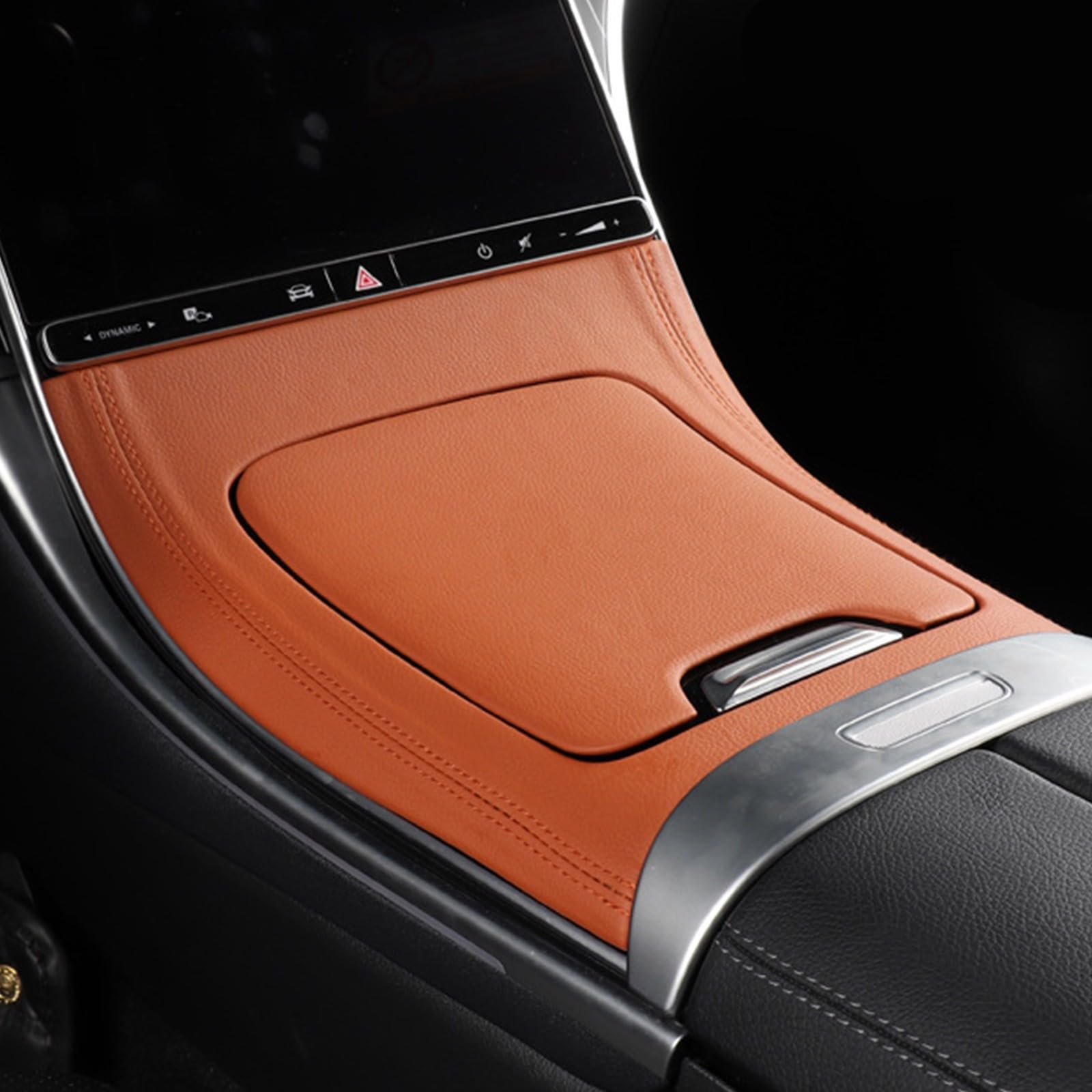Panel konsoli środkowej, skórzana naklejka, pokrowiec na konsolę, dekoracja wnętrz, zestaw pokrowców do Mercedes-Benz klasy C GLC AMG C260 C300 C43 GLC260 GLC300 GLC300e GLC43 2023, akcesoria wewnętrzne (pomarańczowy)