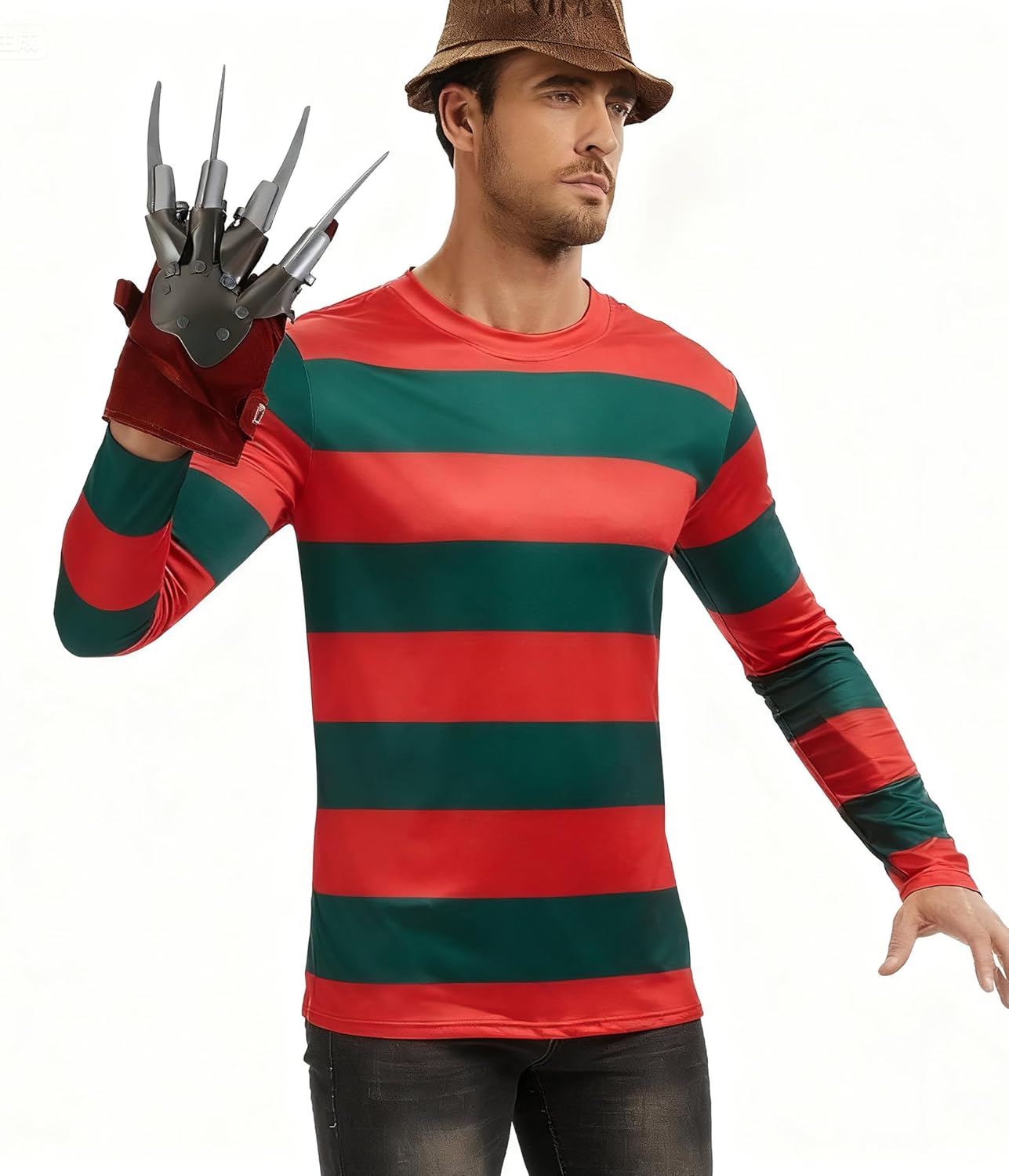 Men Women Nightmare Killer Claw Glove Hat Halloween Fancy Dress Shirt Costume - Image 3
