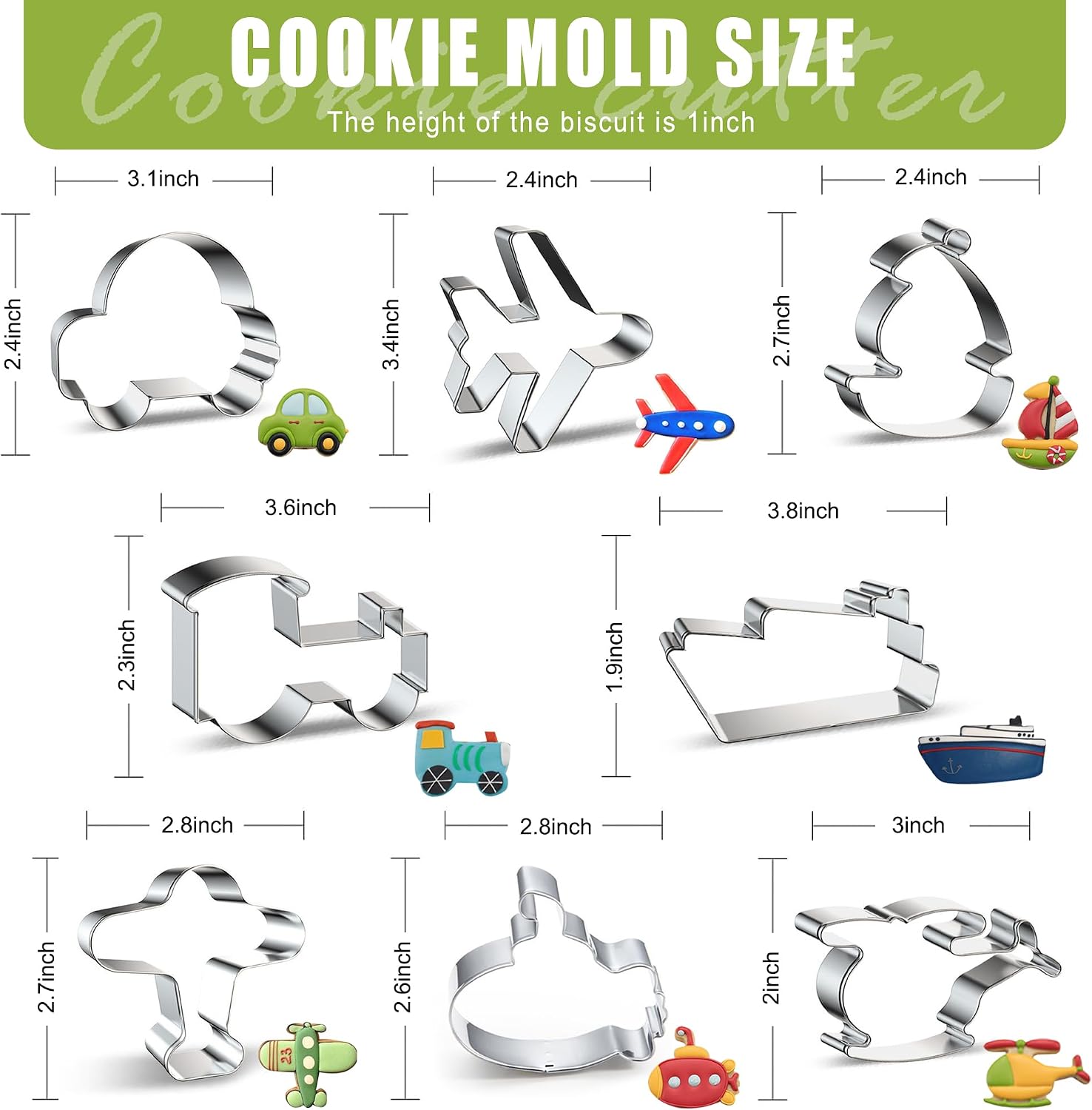 ZADE Transportation Theme Car Boat Airplane Cookie Cutters Set 8 Pcs Non-Stick Stainless Steel Cookie Biscuit Sandwich Mold, Fruit Cake Fondant Cutter for Baking image 2