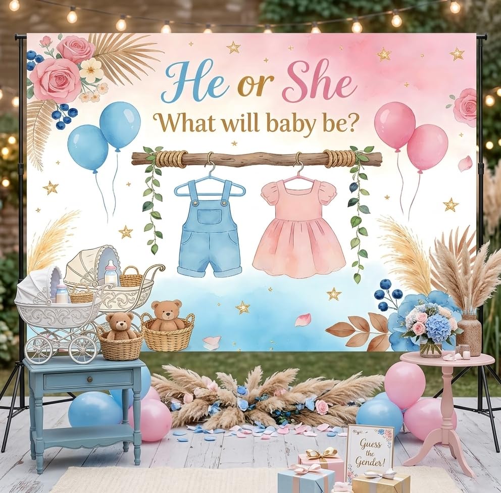Boho Gender Reveal Backdrop 7x5ft He or She Photo Background with Blue and Pink Cute Clothes Boy or Girl Gender Reveal Banner for Newborn Party Decorations