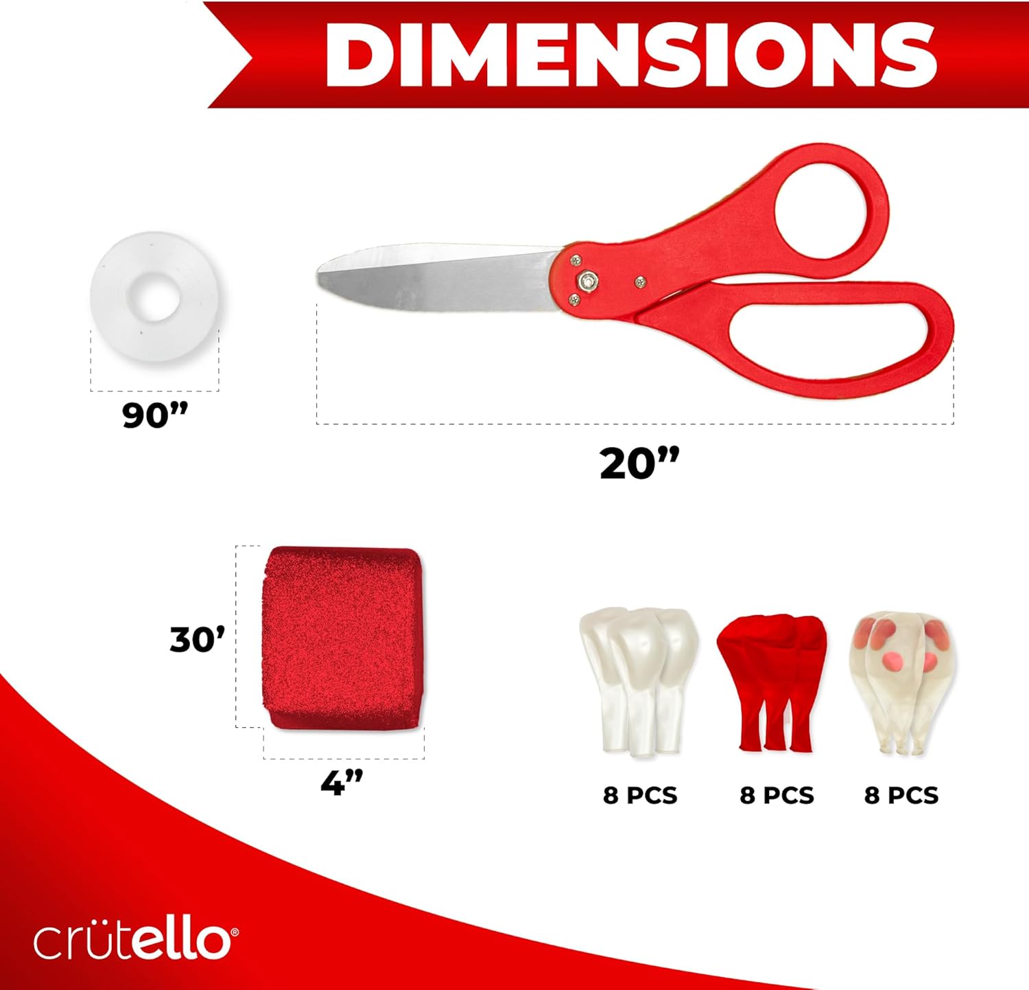 Crutello Ribbon Cutting Ceremony Kit - 20"Giant Scissors with Red Handle, 30ft Sparkle Giant Red Ribbon 4"Wide, 24 Balloons & 90ft Balloon Band for Grand Opening Decorations