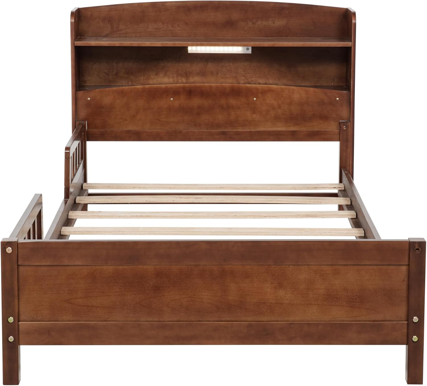 Full Bed Frame with Flexible Rails, Wood Low Platform Beds with Storage Headboard & LED Motion Sensor Light and Slat Support for Boys Girls Teens, No Box Spring Needed, Full Size Platform Bed, Walnut
