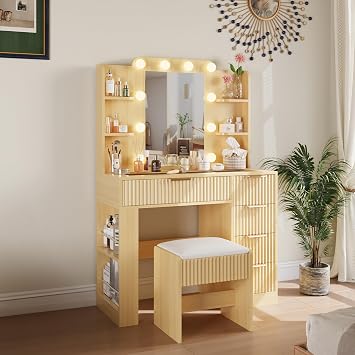 Fluted Makeup Vanity Desk with Large Mirror and Lights, Modern Glass Top Big Vanity Table with 5 Drawers & Adjustable Shelves and Stool, Dressing Table Set w/Charging Station and Holder for Bedroom