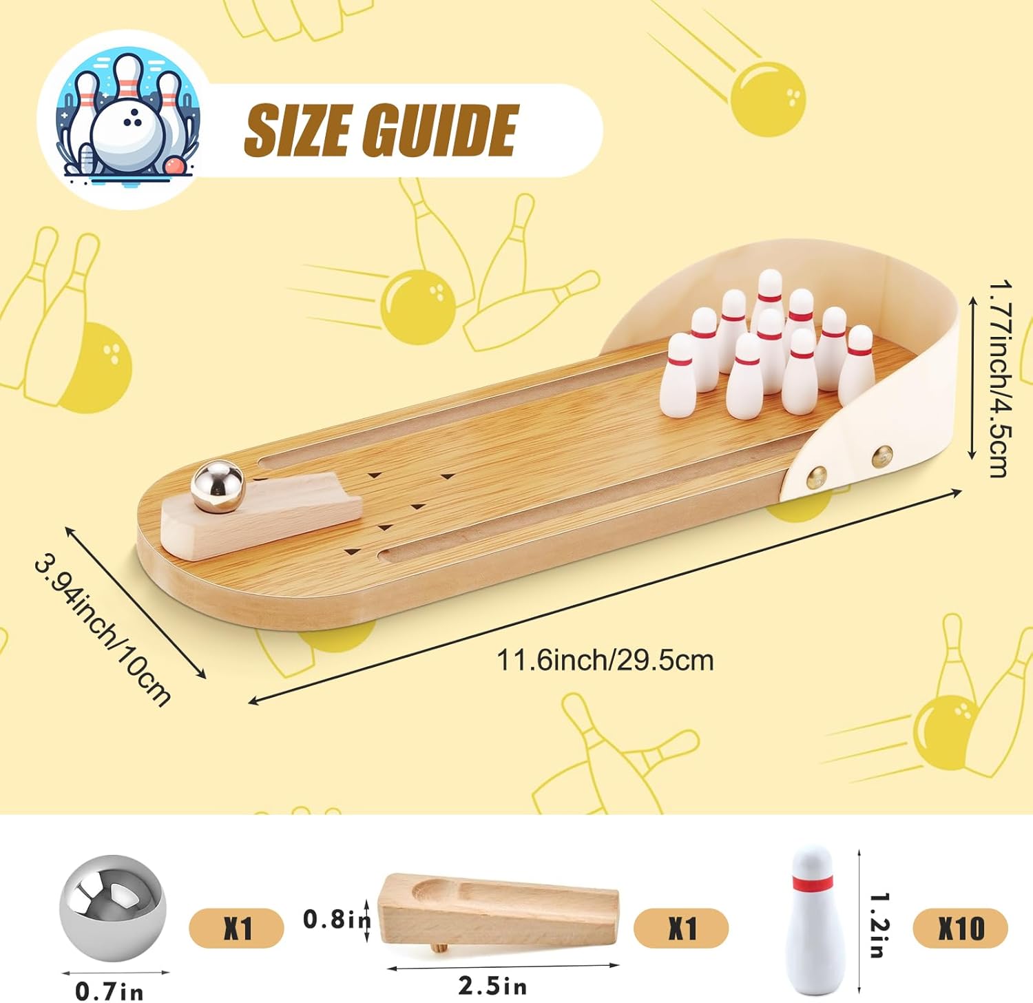 Mini Bowling Game Set, Wooden Tabletop Bowling Alley for Adults Kids, White Elephant Gift for Men Women, Office Desk Toys Stress Relief Stocking Stuffers