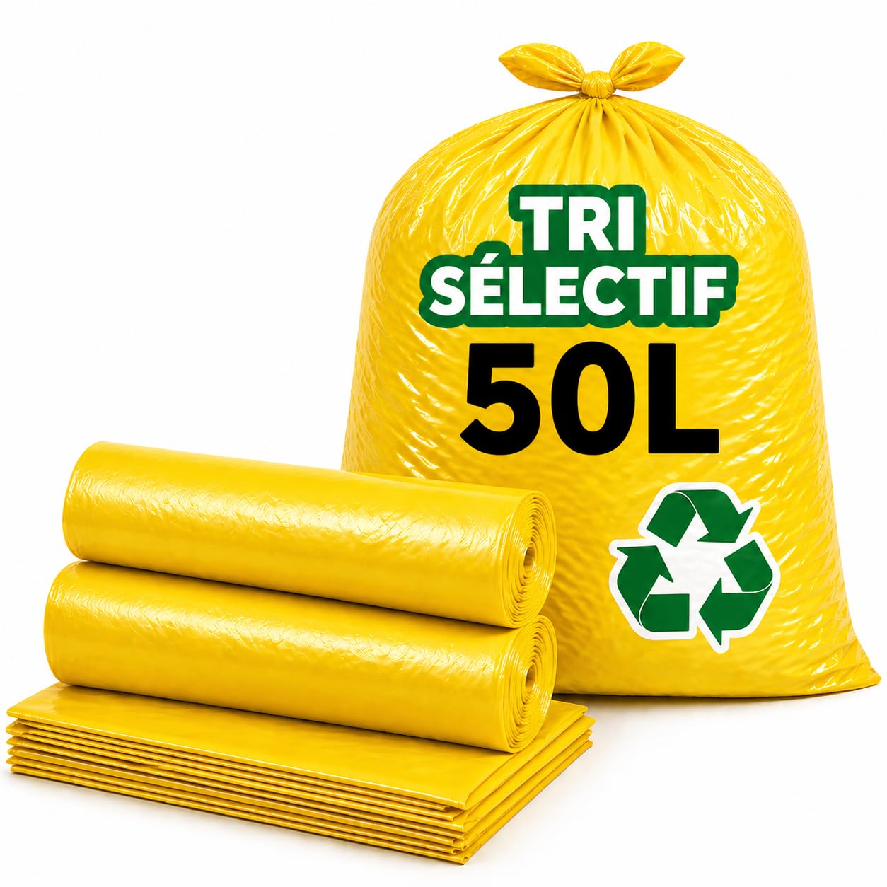 Bolsa de basura amarilla 50 l | 100 bolsas de basura de 50 litros (2 rollos de 50 bolsas amarillas) | Resistente (14 µ) e impermeable | Papeleras Oficinas – Cocina | Cierre de lazo para atar |