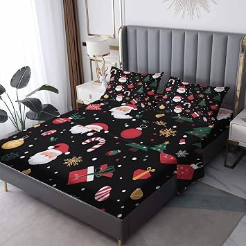 Christmas Bed Sheets King Size, Xmas Santa Claus Sheet Set, Soft Microfiber Deep Pocket Wrinkle Free Fitted Sheet & Flat Sheet & Pillowcase Sets, Kids Bedding Sheets - 4 Piece
