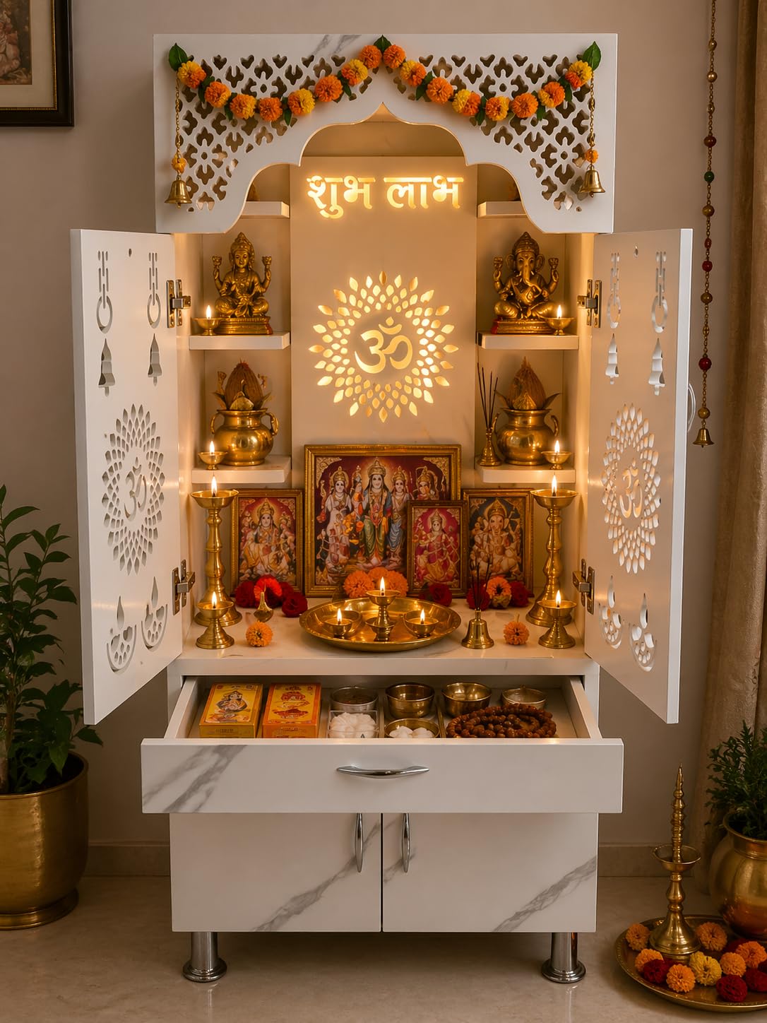 Amazing Home Temple/Pooja Mandir with Led Lights (Pre Assembled) Height: 130cm Engineered Wood Home Temple (Height: 130, Pre-Assembled) | White-picture-25