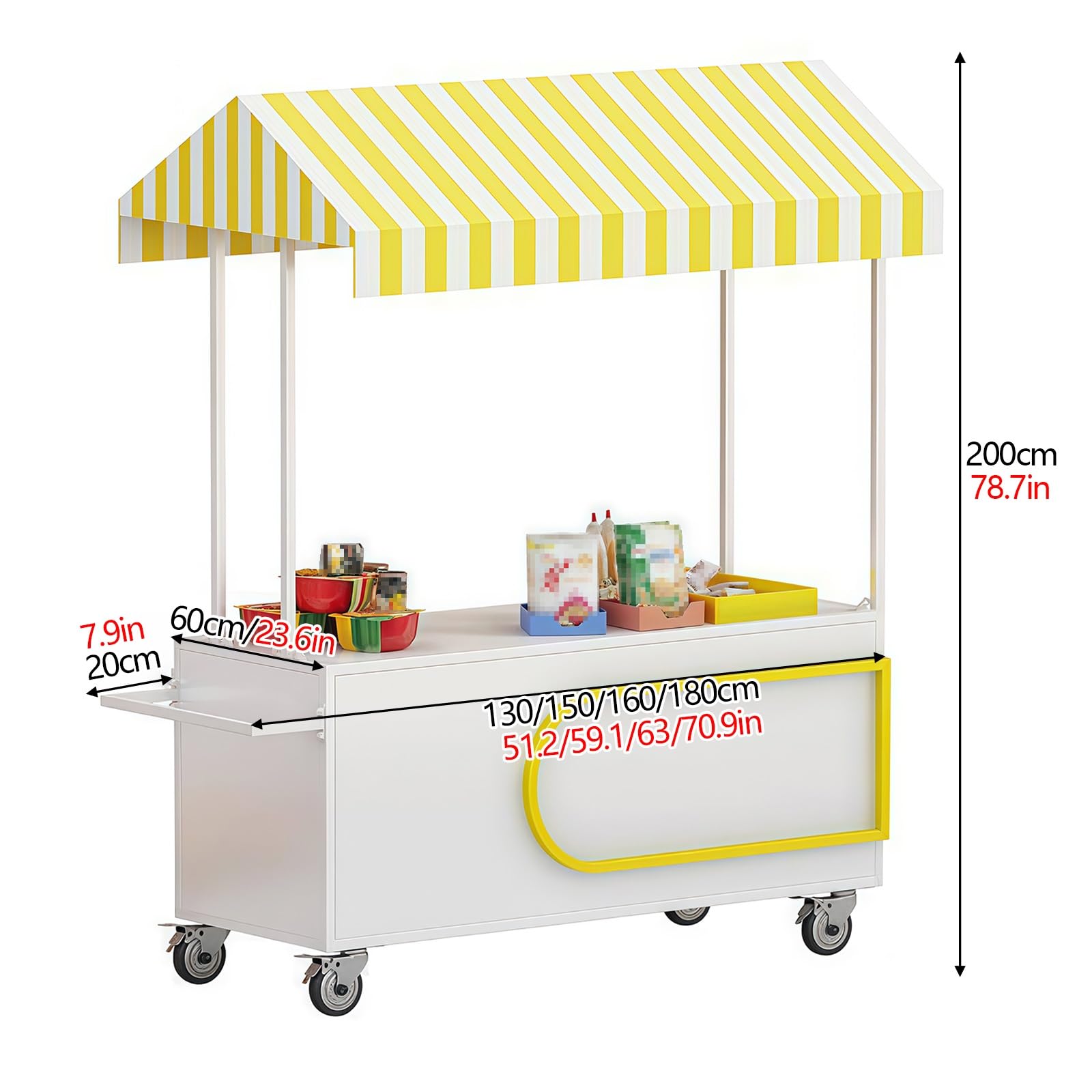 Mobiler Verkaufswagen für Außenbereich, Metall-Verkaufswagen mit Gestreiftem Vordach, für Märkte, Veranstaltungen und Street Food(Yellow,180cm/70.8in)