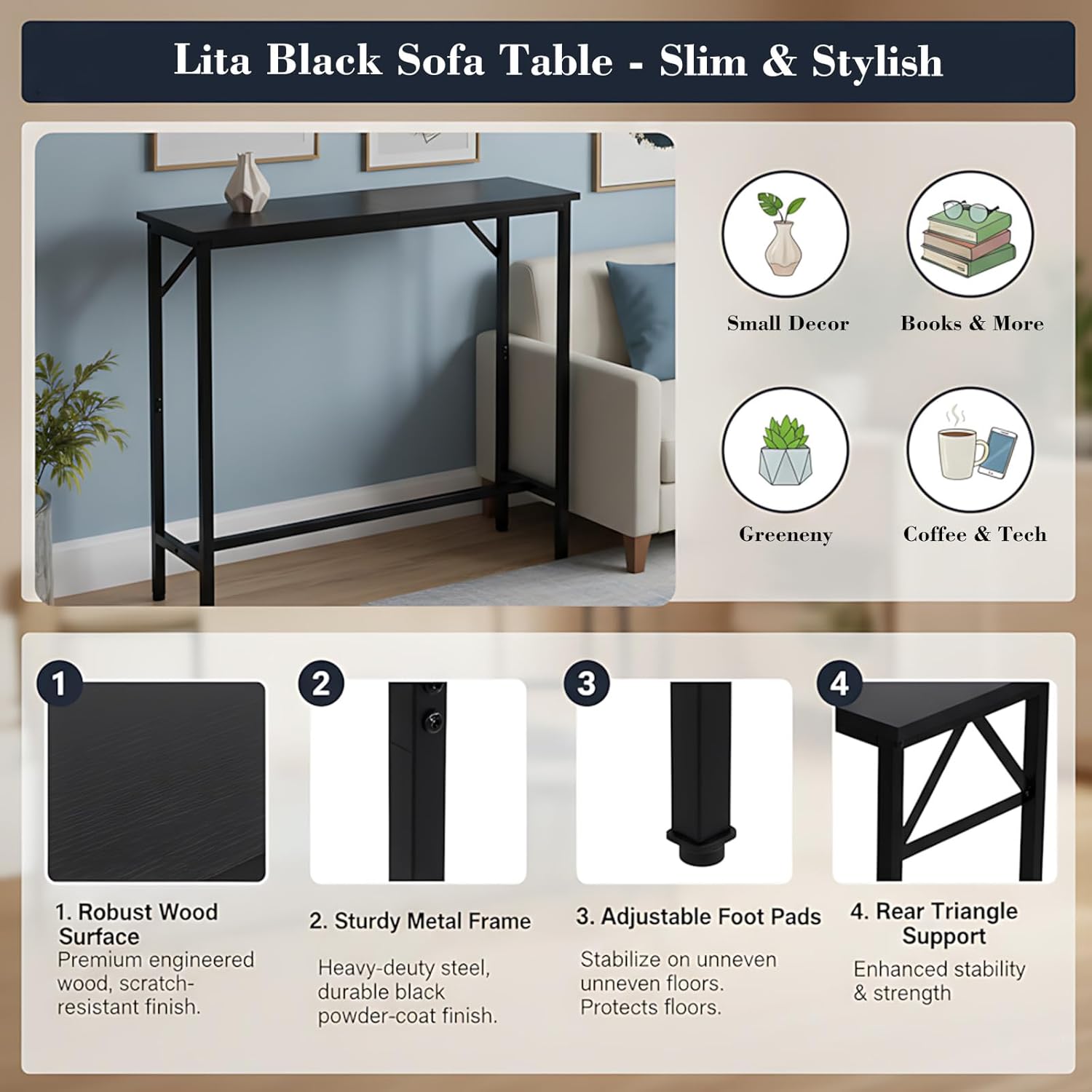 LITA Console Table, 29.5" Narrow Entryway & Thin Sofa Table for Behind Couch, Accent Table for Hallway, Living Room & Bedroom, Black