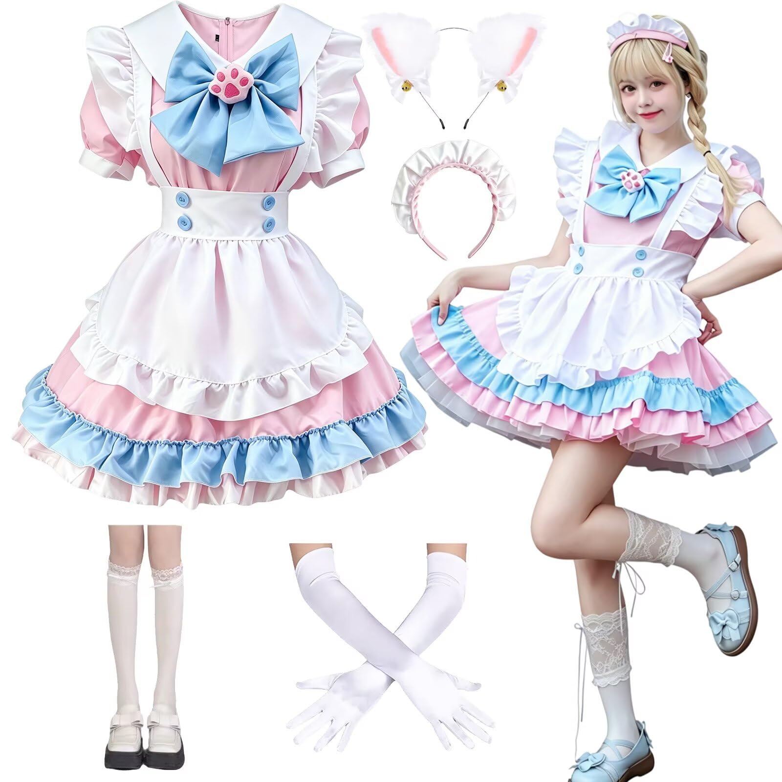 Maid Dress Damen Anime French Maid Outfit Lolita Dienstmädchen Kleid Lolita Dress mit Katzenohren Stirnband Handschuhe Strümpfe für Halloween Karneval Cosplay Party