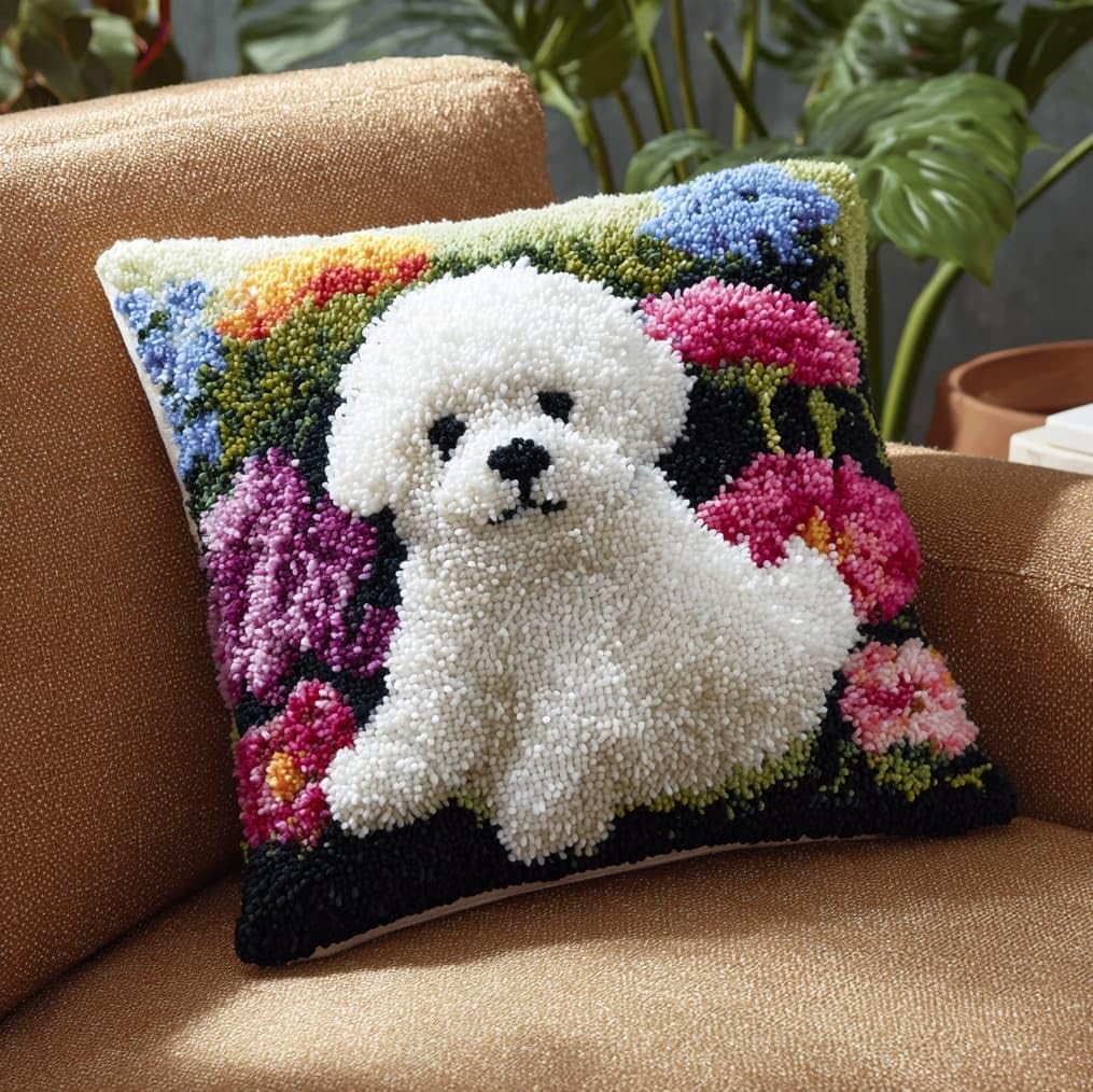 AxiangziK Latch Hook Pillow Craft Kit,Bichon Frise and Flowers