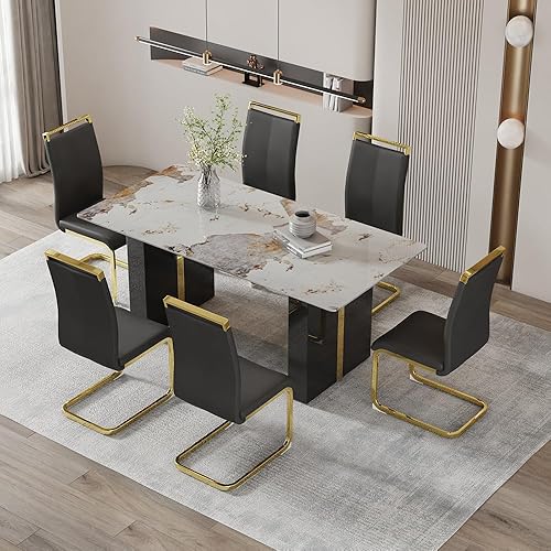 Juego de mesa de comedor moderno de 71 pulgadas para 6, juegos de comedor para 6, mesa de mármol sintético de cocina y sillas de piel sintética,