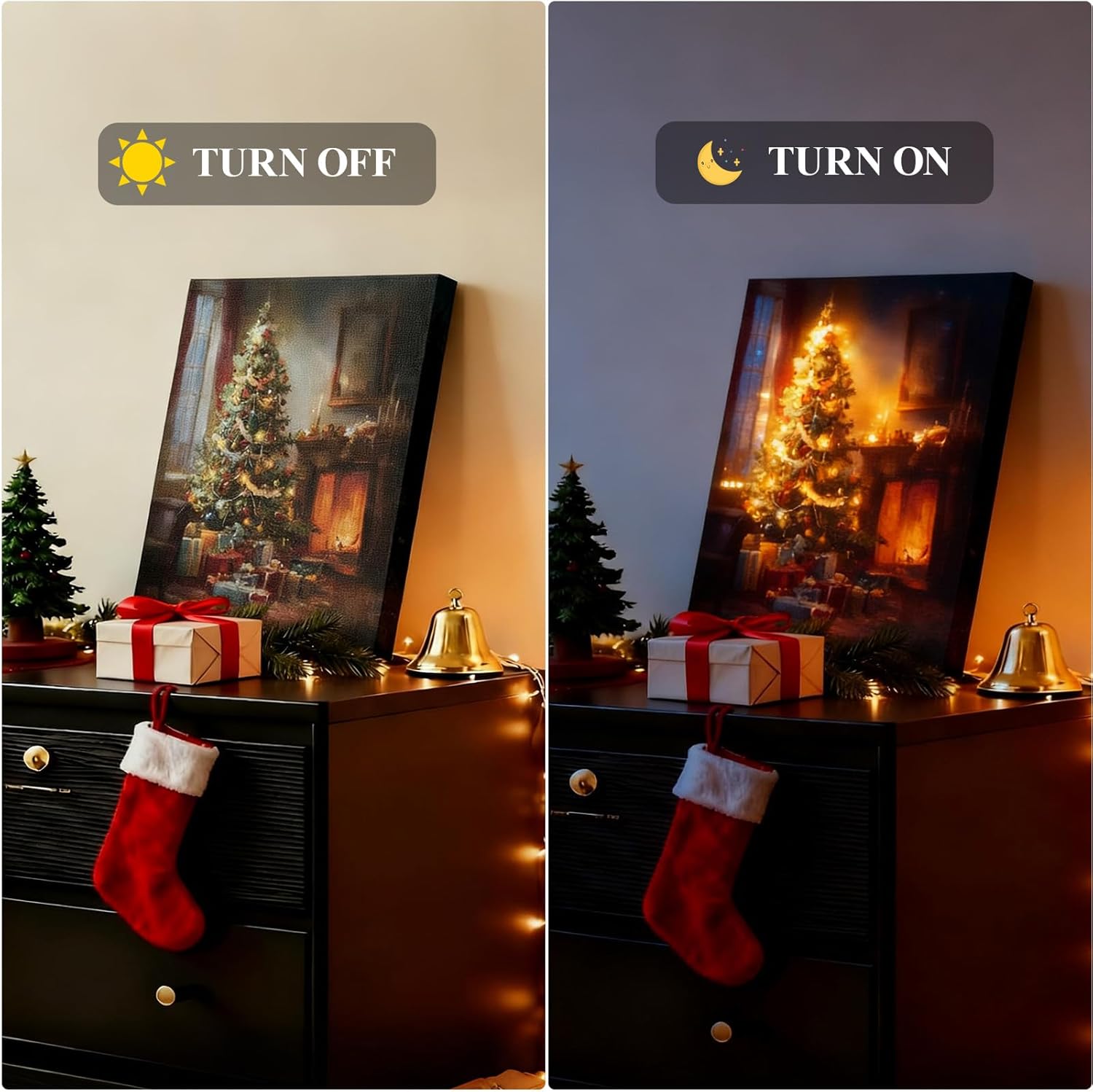 ARPEOTCY LED Framed Christmas Tree Art Decor, Winter Vintage Fireplace Cozy Pictures, 16x20 Inch, Battery Operated(exclude), Xmas Decoration Gifts for Living Room Bedroom Shelf Hallway Christmas Tree by the Fireplace 20"L x 16"W